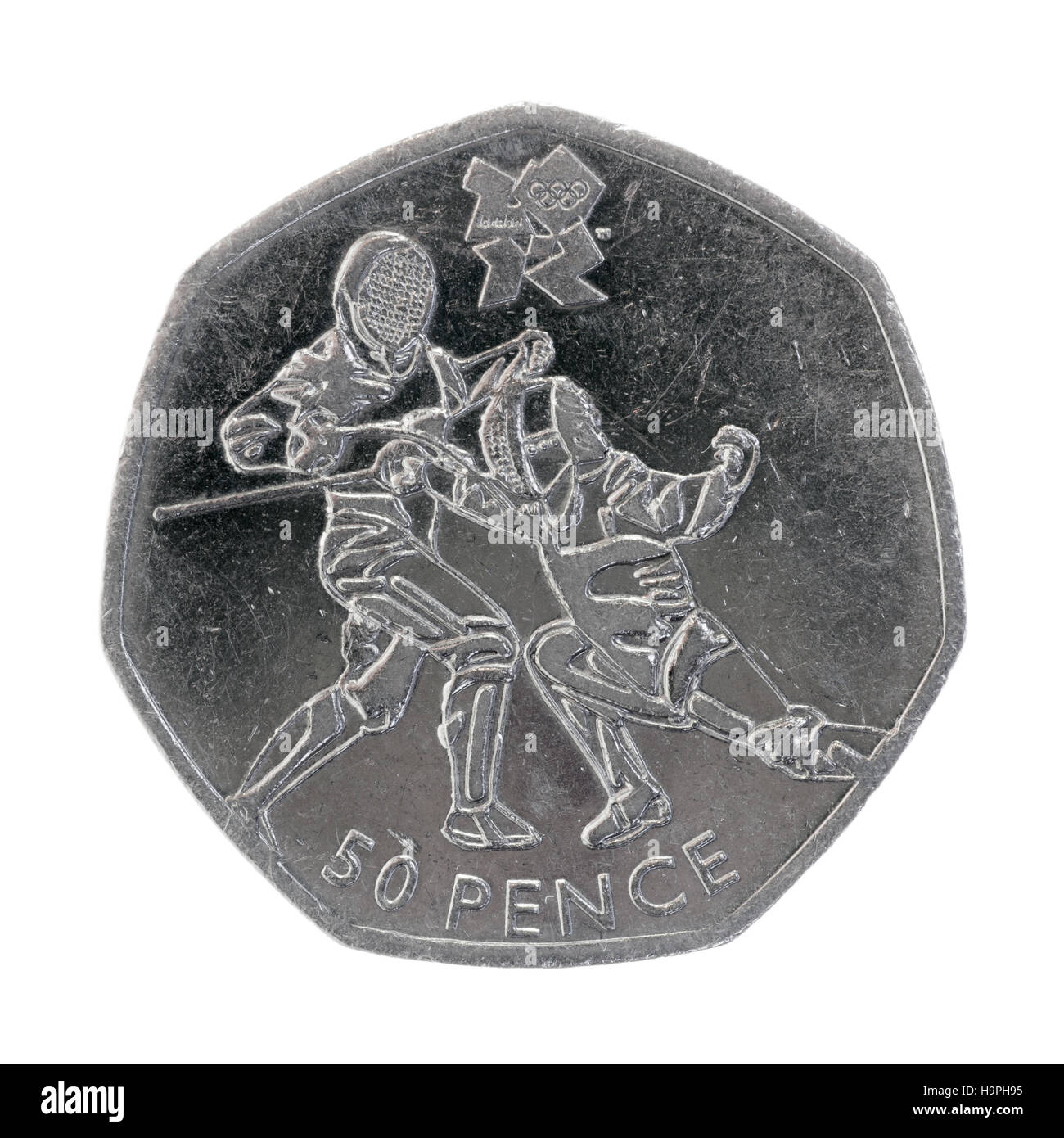 British 50 pence coin, 2012 Olimpiadi di Londra design di scherma Foto Stock