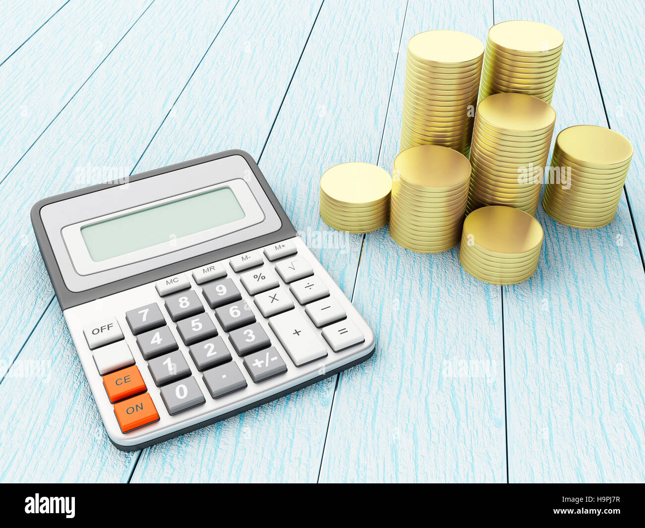 3D'illustrazione. Calcolatrice con monete. Piano finanziario. Foto Stock