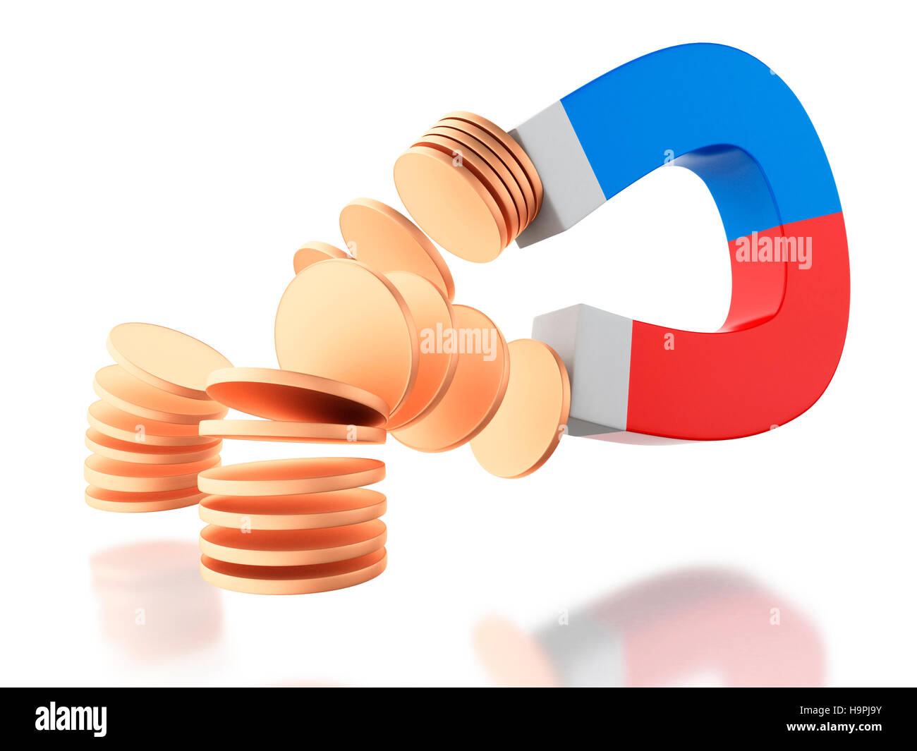 3D'illustrazione. Magnete per attrarre il denaro. Il concetto di business. Isolato sullo sfondo bianco. Foto Stock