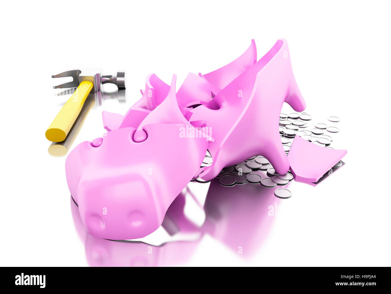 3D'illustrazione. Rotto salvadanaio con martello e monete. Isolato sullo sfondo bianco. Foto Stock