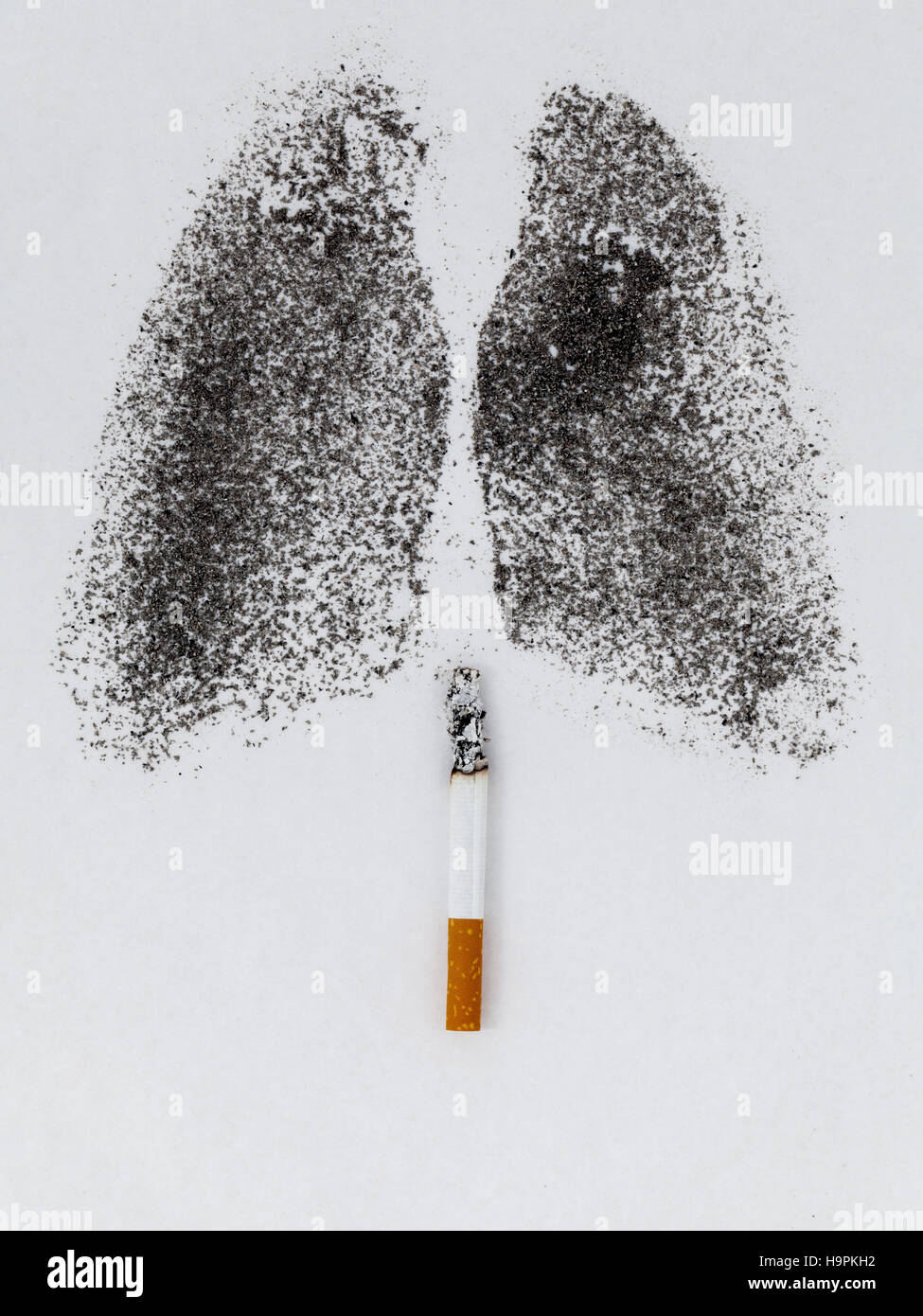 Forma dei polmoni con polvere di carbone e di sigarette su bianco backg Foto Stock