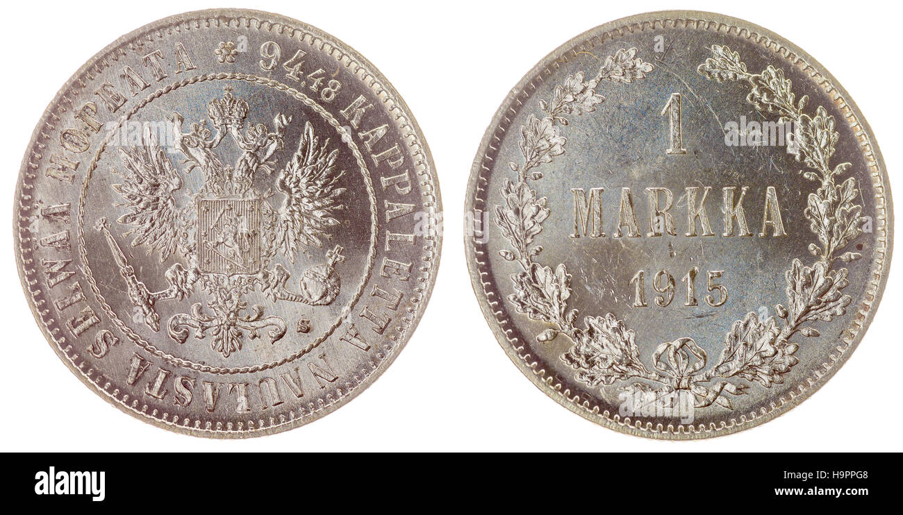 Argento 1 markka 1915 coin isolati su sfondo bianco, Finlandia Foto Stock