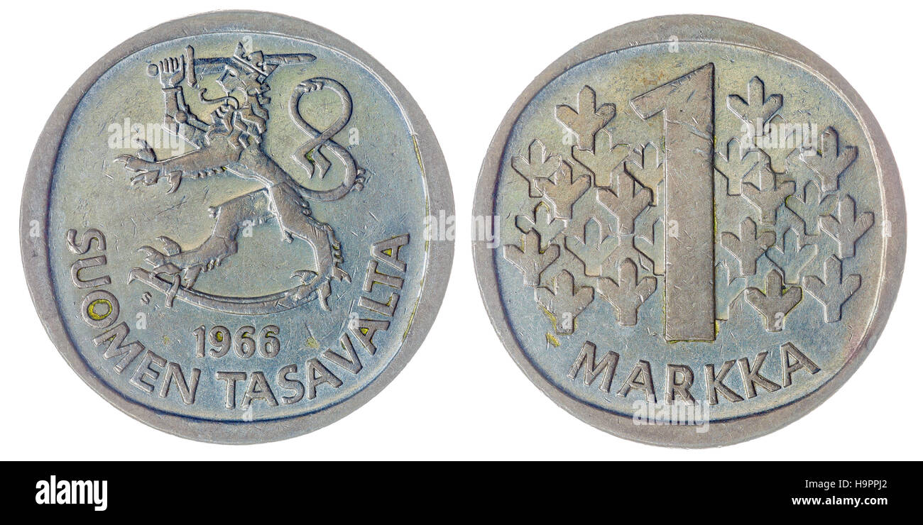 Argento 1 markka 1966 coin isolati su sfondo bianco, Finlandia Foto Stock