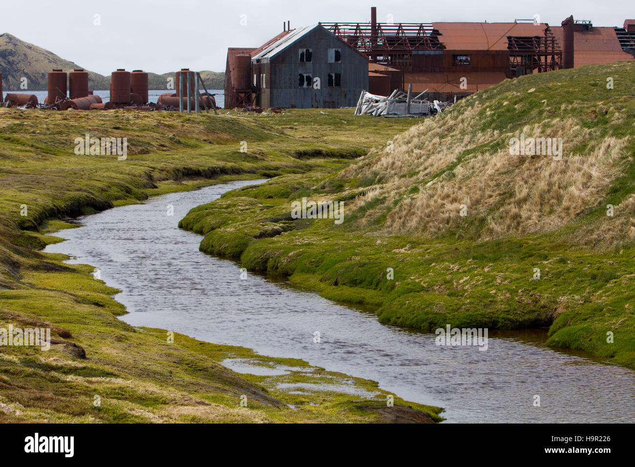 Fiume che scorre attraverso la vecchia stazione baleniera di Stromness Harbour, Isola Georgia del Sud Foto Stock