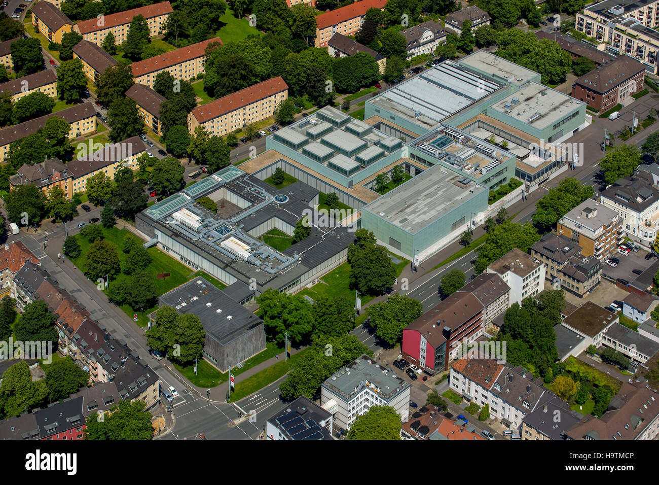 Vista aerea, il museo Folkwang e Studi Culturali Istituto KWI, Essen, distretto della Ruhr, Nord Reno-Westfalia, Germania Foto Stock