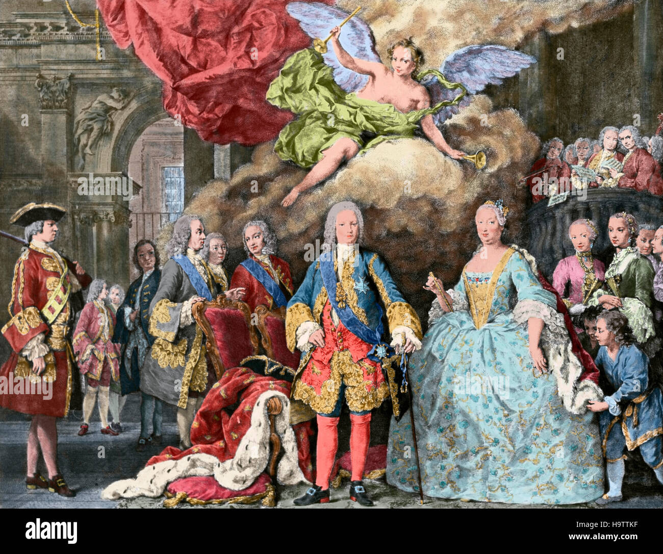 Ferdinando VI di Spagna (1713-1759). La imparato. Re di Spagna. Ferdinando VI e sua moglie Barbara di Braganza e la sua corte. Incisione del XVIII secolo. Colorati. Foto Stock