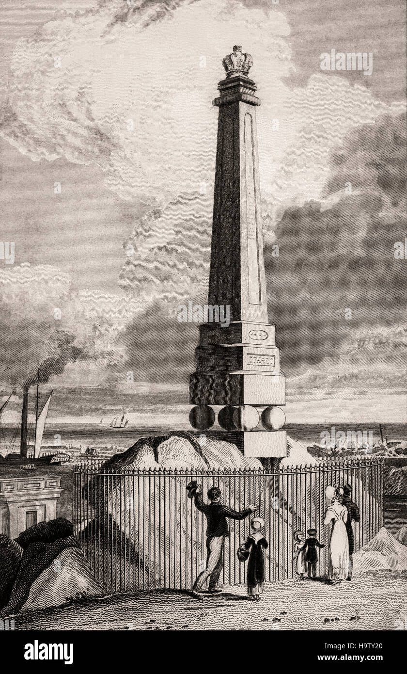 Xix secolo vista dell'obelisco sopra il porto per commemorare la visita del re George IV a Kingstown - chiamato ora a Dun Laoghaire - il 3 settembre 1821, la Contea di Dublino, Irlanda Foto Stock