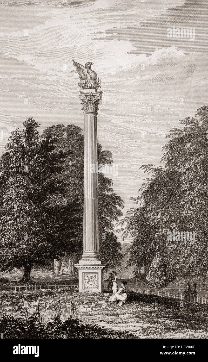 Xix secolo vista delle colonne corinzie con una Phoenix che rinasce dalle ceneri al suo apice. Costruito e realizzato nel 1662, fu eretto da Lord Chesterfield in 1747. Il pilastro di Phoenix o un monumento è ora un punto focale di una grande rotatoria sul bellissimo viale alberato di Chesterfield Avenue nel Phoenix Park,città di Dublino, Irlanda. Foto Stock