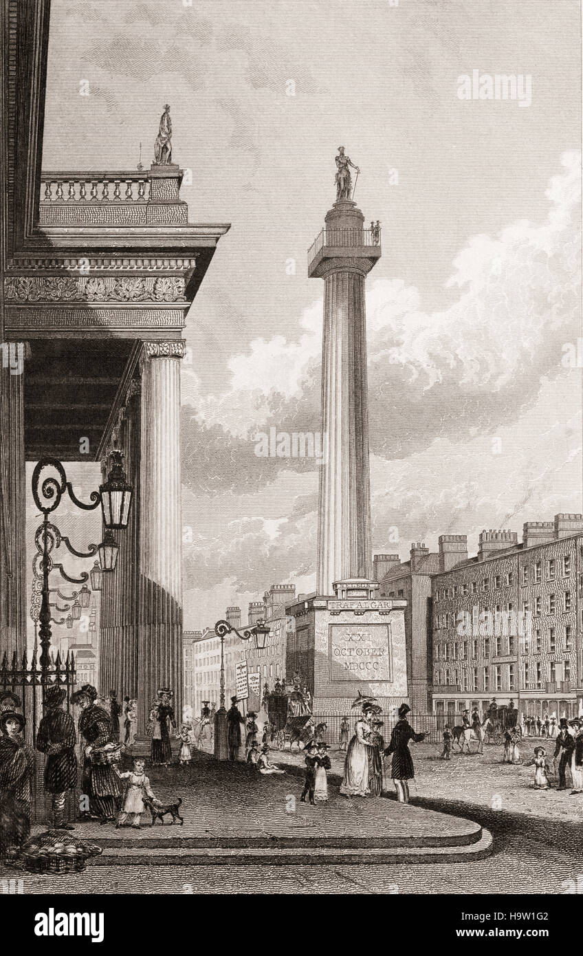 Xix secolo vista di Nelson's pilastro (aka il Nelson pilastro o semplicemente il pilastro) è stata una grande colonna di granito coperte da una statua di Orazio Nelson, costruito nel centro di ciò che è stato poi Sackville Street (più tardi rinominata O'Connell Street) a Dublino, Irlanda. Completato nel 1809, quando l'Irlanda ha fatto parte del Regno Unito, è sopravvissuto fino al marzo 1966, quando fu gravemente danneggiata da esplosivi piantato dai repubblicani irlandesi. I suoi resti sono stati successivamente distrutto dall'esercito irlandese ed è stato sostituito dal contemporaneo Guglia di Dublino. Foto Stock