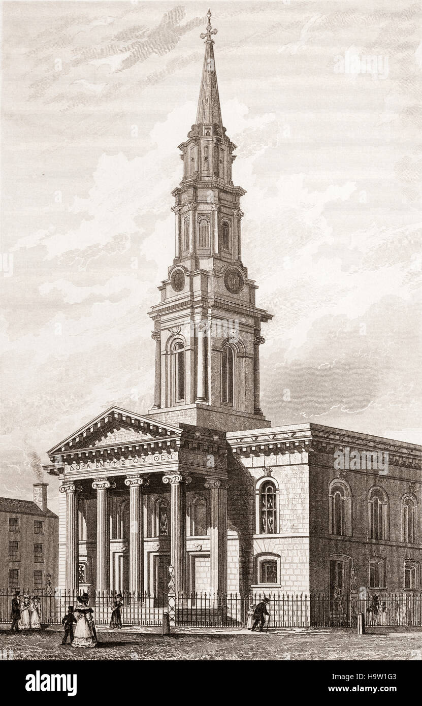 Xix secolo vista la chiesa di San Giorgio, uno degli ultimi edifici ultimati dal celebre architetto Francis Johnston nel 1814 ed è considerato una delle sue opere più belle. Hardwicke Street, Città di Dublino, Irlanda Foto Stock