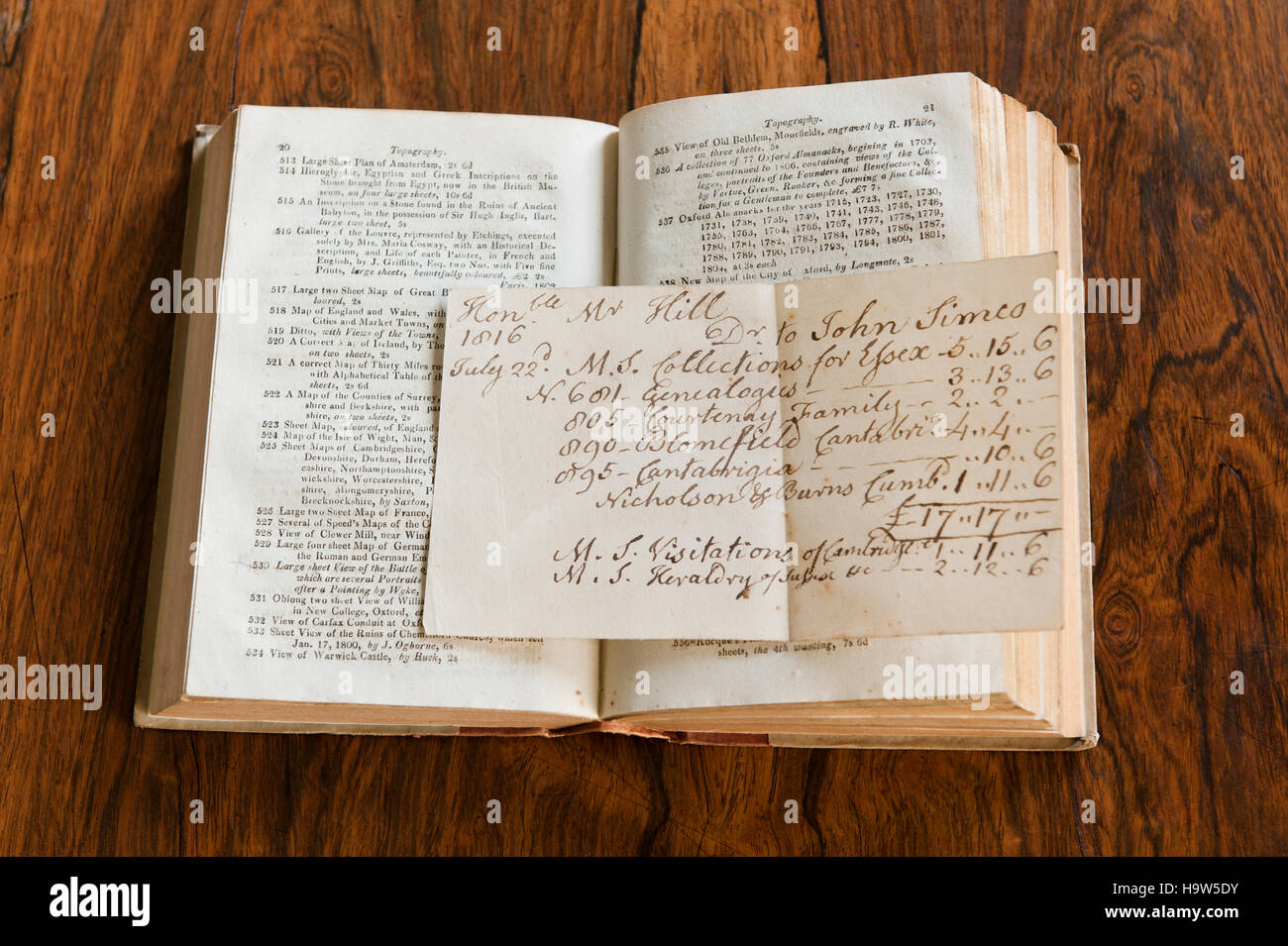 Prenota e ricevuta manoscritta nella biblioteca del 2° Signore Berwick al Attingham Park, Shropshire. Foto Stock