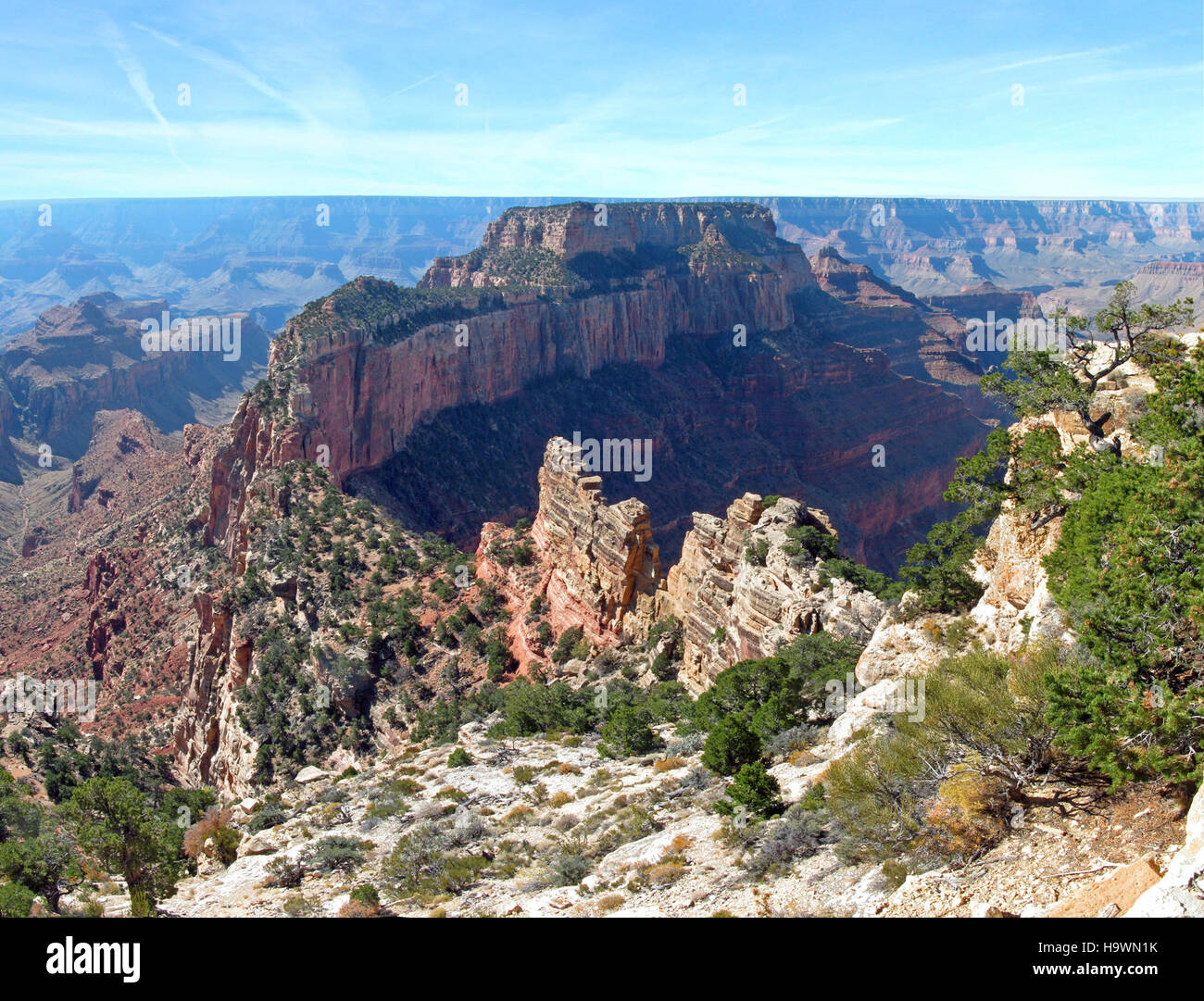 Una vista da Cape Royal sul versante nord del Grand Canyon, che mostra il vasto paesaggio del parco. Il Grand Canyon è una destinazione importante conosciuta per le sue formazioni geologiche e i suoi panorami panoramici. Foto Stock