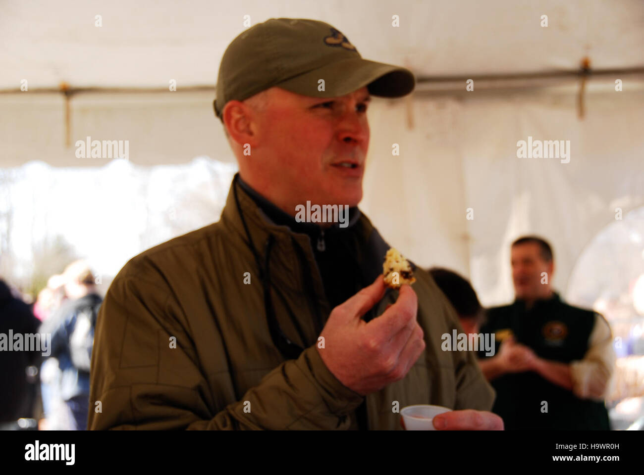 Una rievocazione storica del compleanno di George Washington al Valley Forge National Park mette in risalto il ruolo del parco nella storia rivoluzionaria americana. Foto Stock
