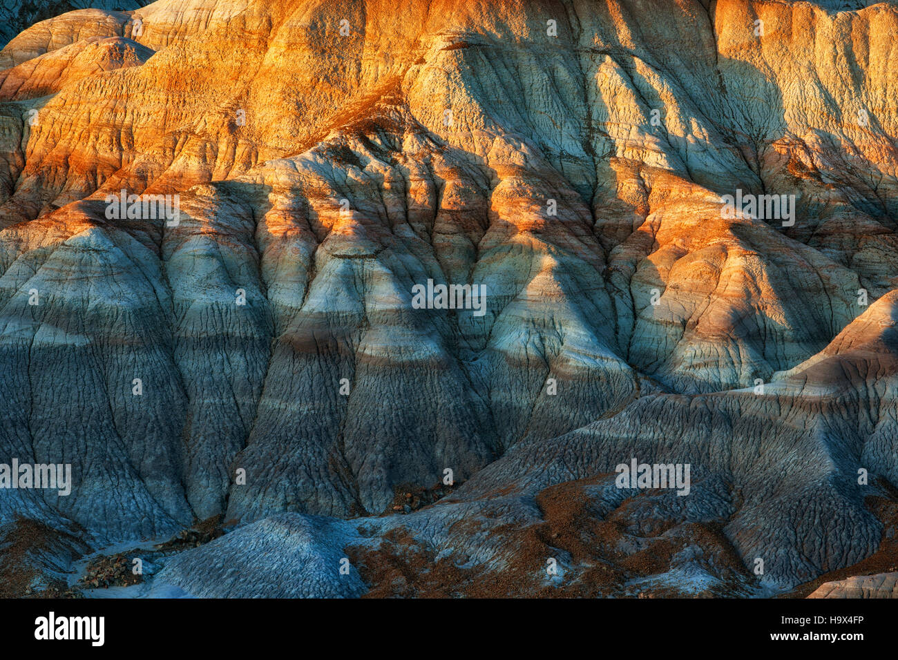 Ultima luce bagna il colorato badlands di Blue Mesa in Arizona Parco Nazionale della Foresta pietrificata. Foto Stock