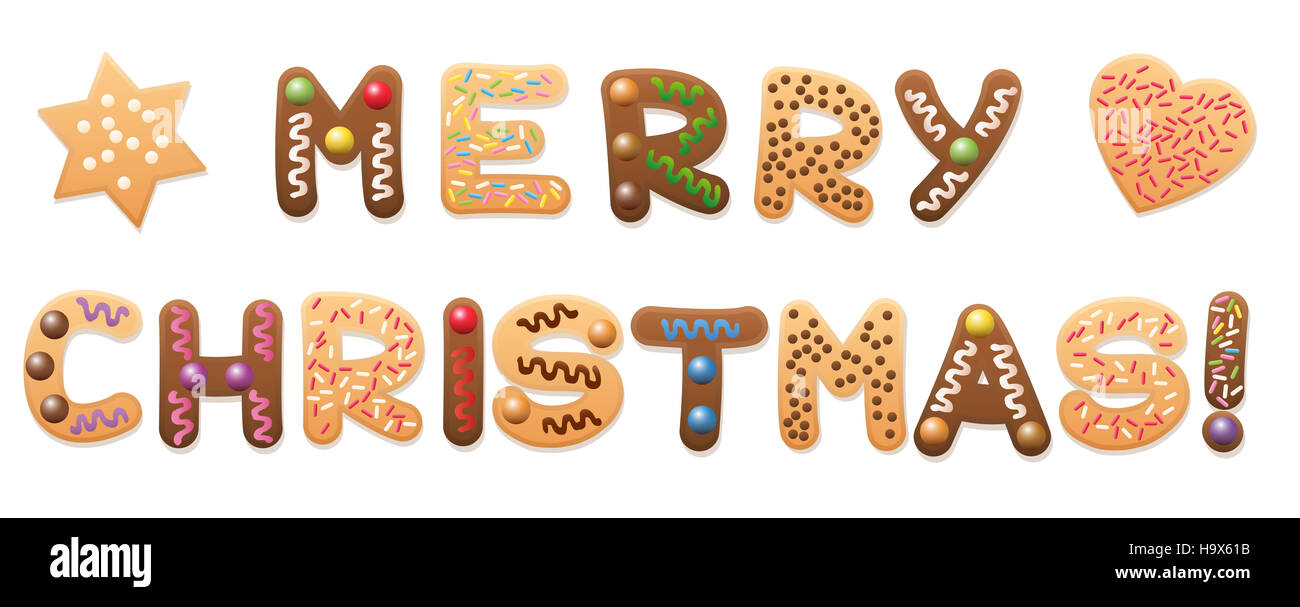 Buon Natale - scritto con biscotti di Natale e gingerbread cookie. Foto Stock
