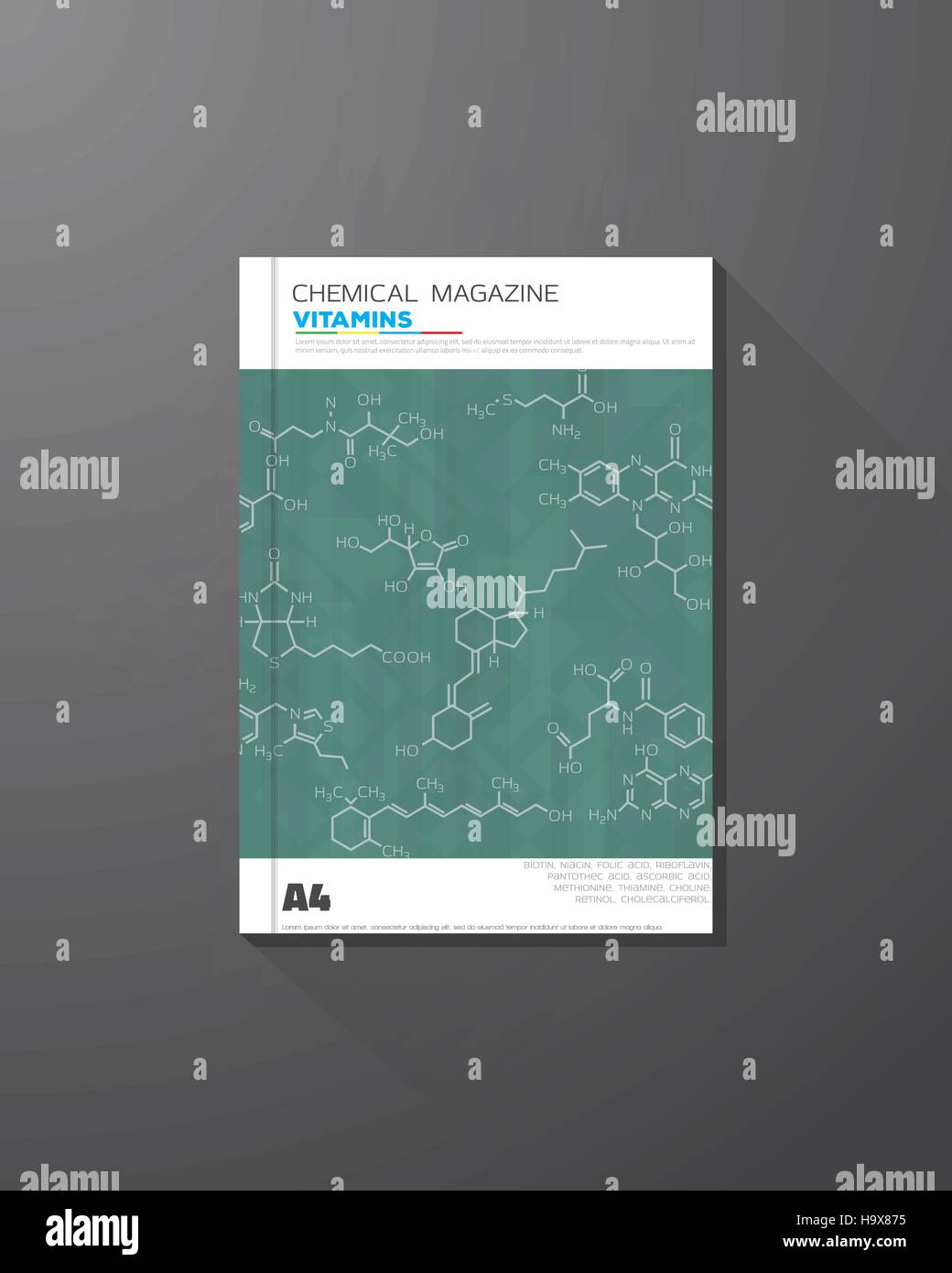La scienza astratta e vettore chimico brochure modello di progettazione. Scheletro di real vitamine formule. Illustrazione Vettoriale