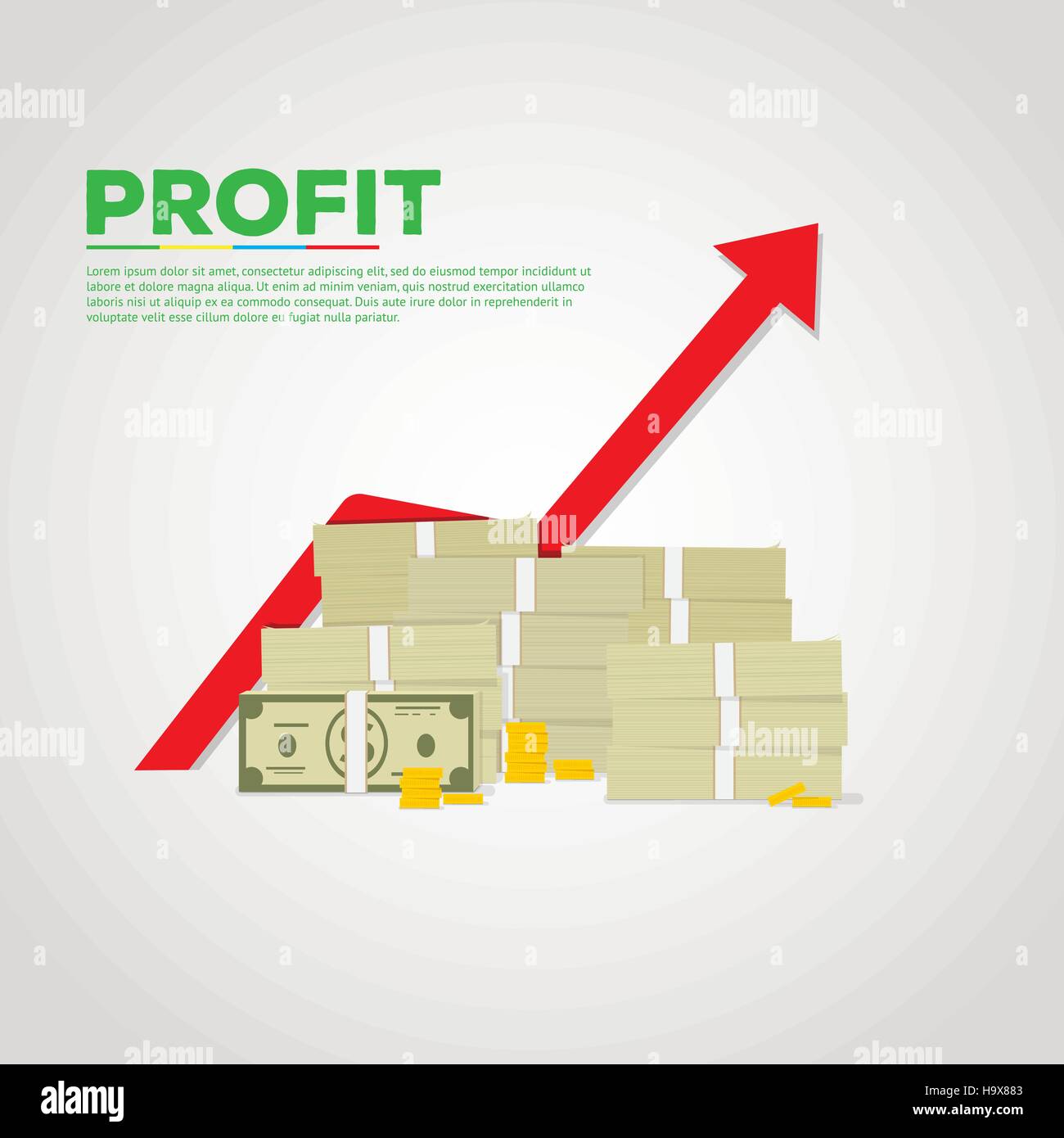 Illustrazione piana di pelo di verde di dollari e monete d'oro. Il grafico rosso freccia salita su sfondi. Illustrazione Vettoriale