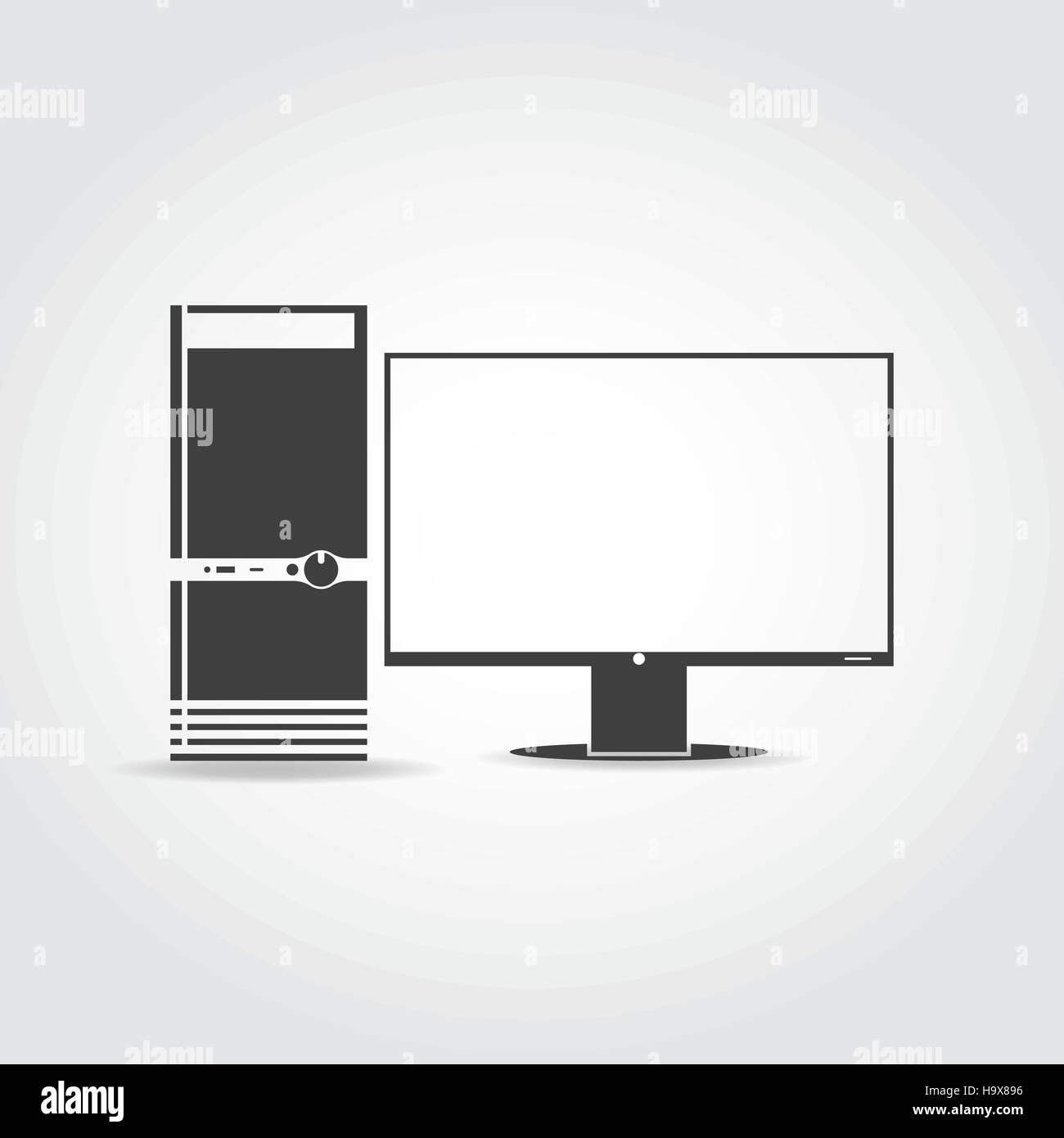 Icona nera. Computer desktop in caso con pulsanti e monitor. Illustrazione Vettoriale