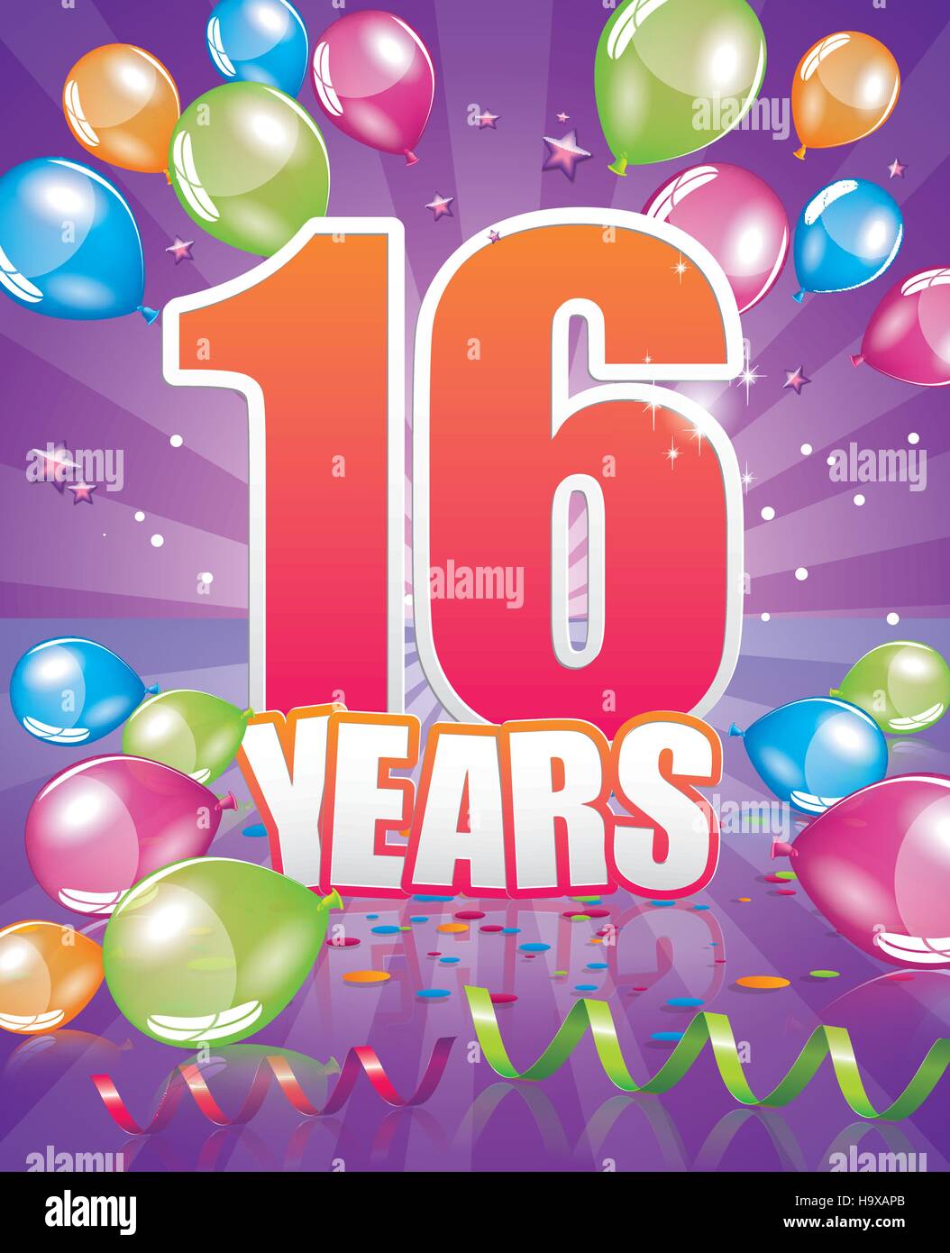 16 anni di biglietto di auguri di compleanno completa degli elementi del vettore Illustrazione Vettoriale