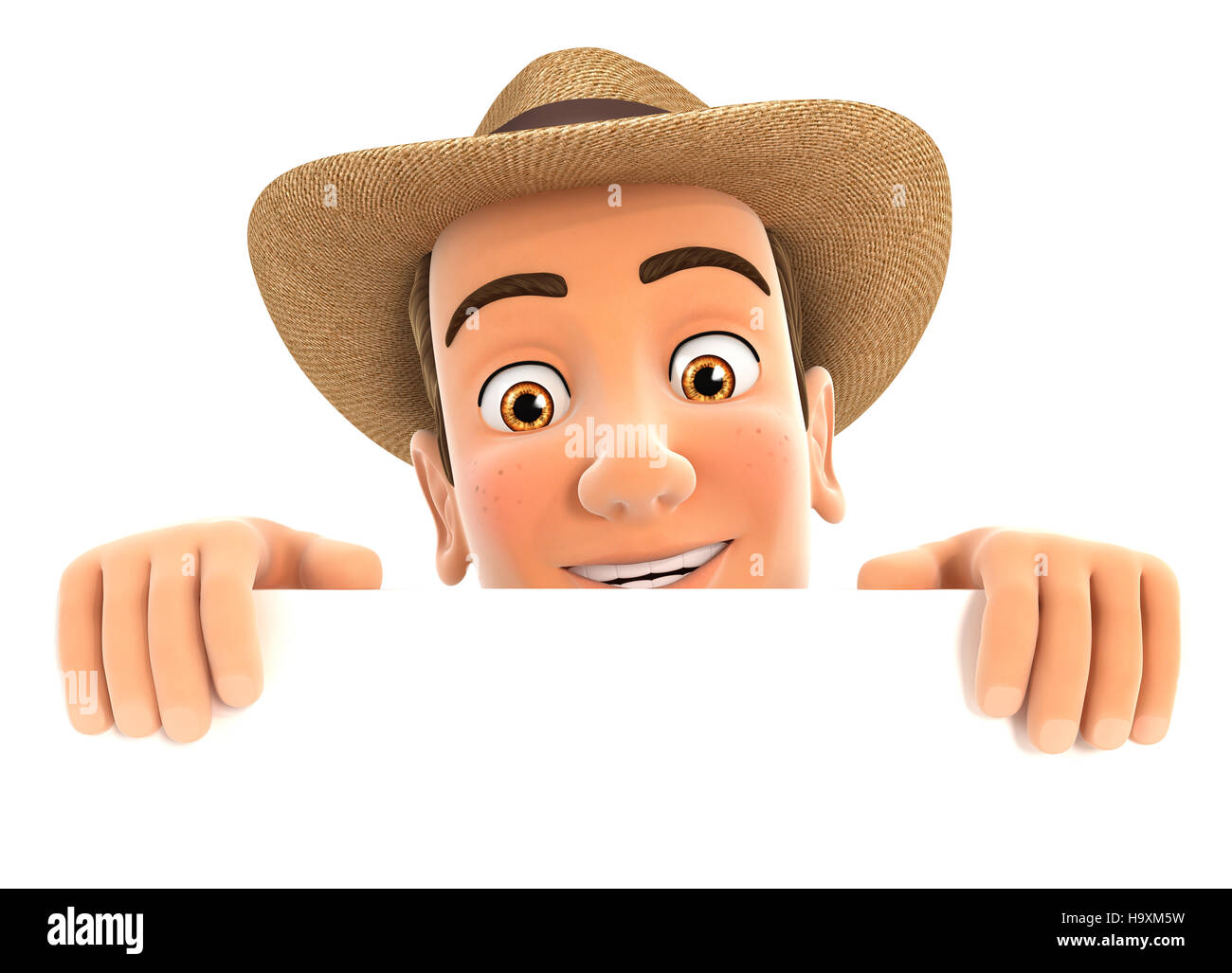 3d agricoltore nascondendo dietro il muro bianco, illustrazione isolato con sfondo bianco Foto Stock