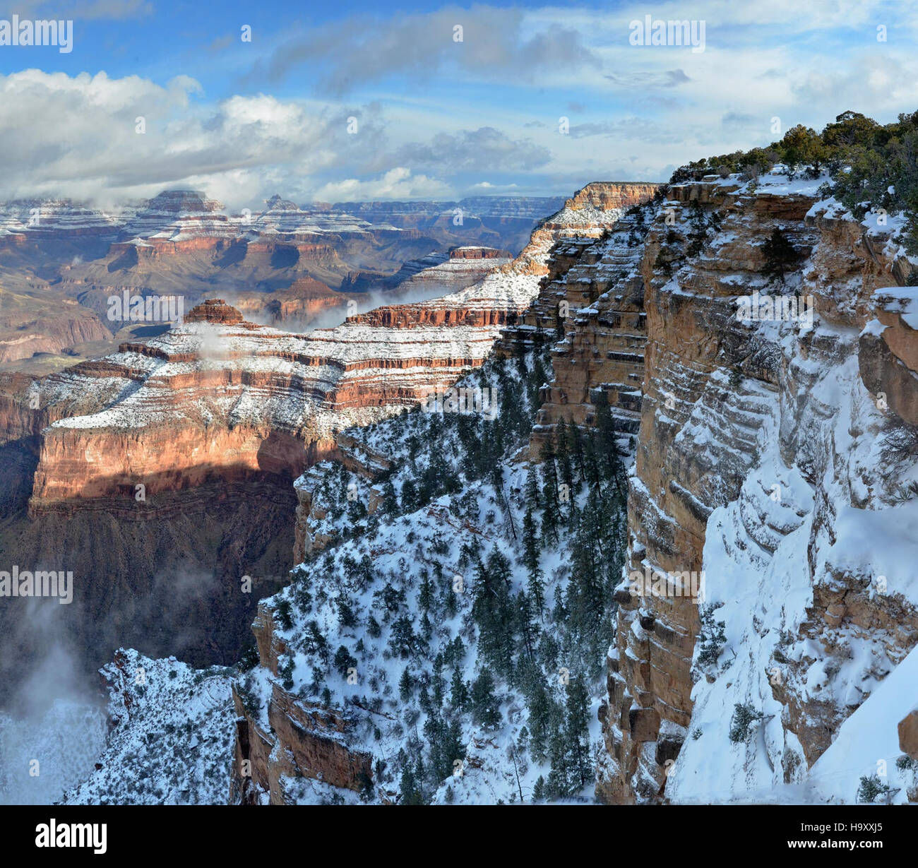 Questa scena invernale nel Parco Nazionale del Grand Canyon cattura la bellezza dei paesaggi innevati il 24 dicembre 2012. La neve mette in evidenza le caratteristiche naturali del canyon, aggiungendosi alla splendida visuale delle formazioni geologiche del parco. Foto Stock