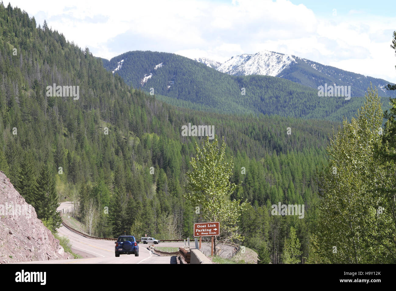 L'area di parcheggio Goat Lick nel Glacier National Park, un luogo iconico noto per le sue opportunità di osservazione della fauna selvatica e i paesaggi mozzafiato. Foto Stock
