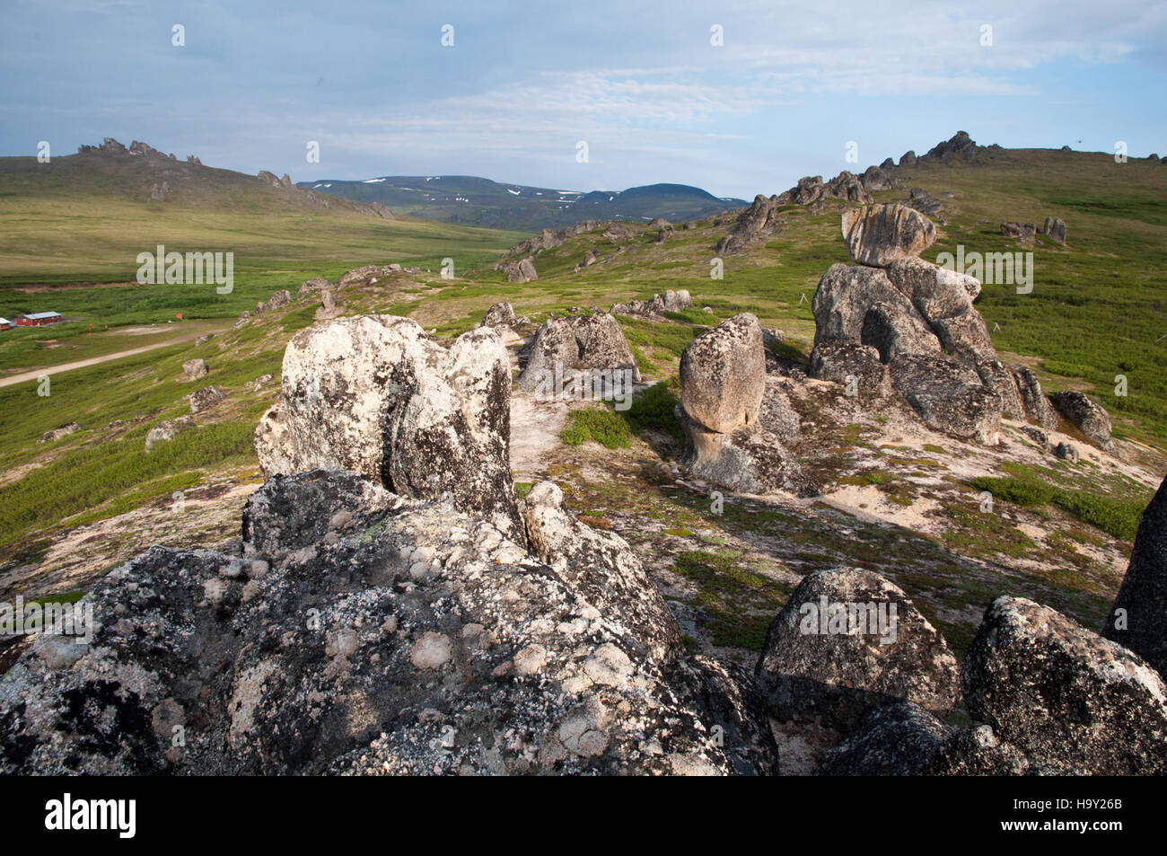 Il Bering Land Bridge, con le sue formazioni geologiche uniche, come i Tor nella Serpentine Valley, fornisce informazioni sulle condizioni climatiche passate e sulla storia naturale della regione, giocando un ruolo chiave negli studi scientifici sull'evoluzione geologica della Terra. Foto Stock