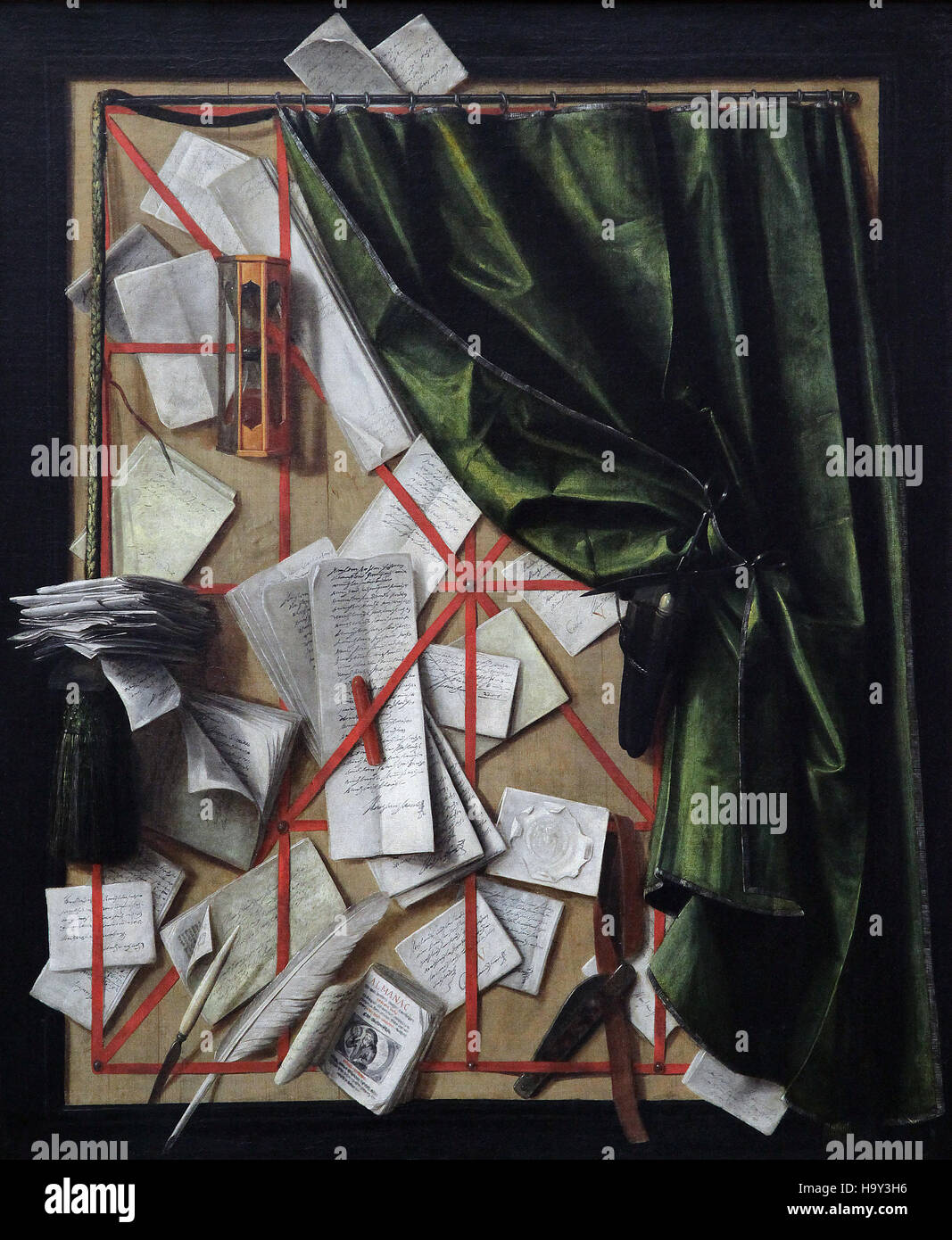 Trompe l'oeil lettera Rack con un rasoio a clessidra e un paio di forbici.artista Cornelis Gijsbrechts 1659 Foto Stock