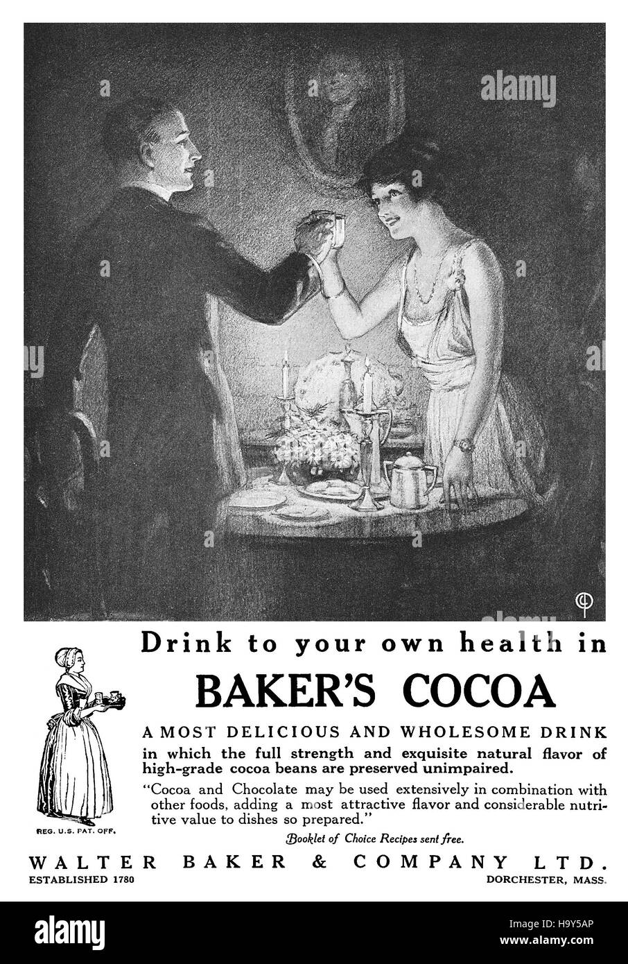 1920 pubblicità negli Stati Uniti per il panettiere di cacao Foto Stock