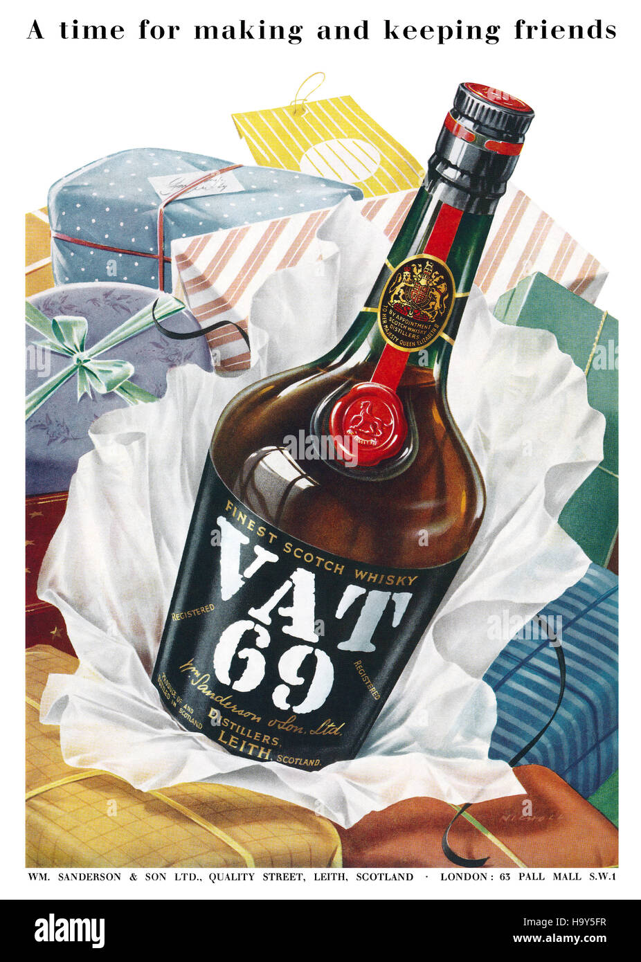 1955 Natale inglese pubblicità per l'Iva 69 Scotch Whisky Foto Stock