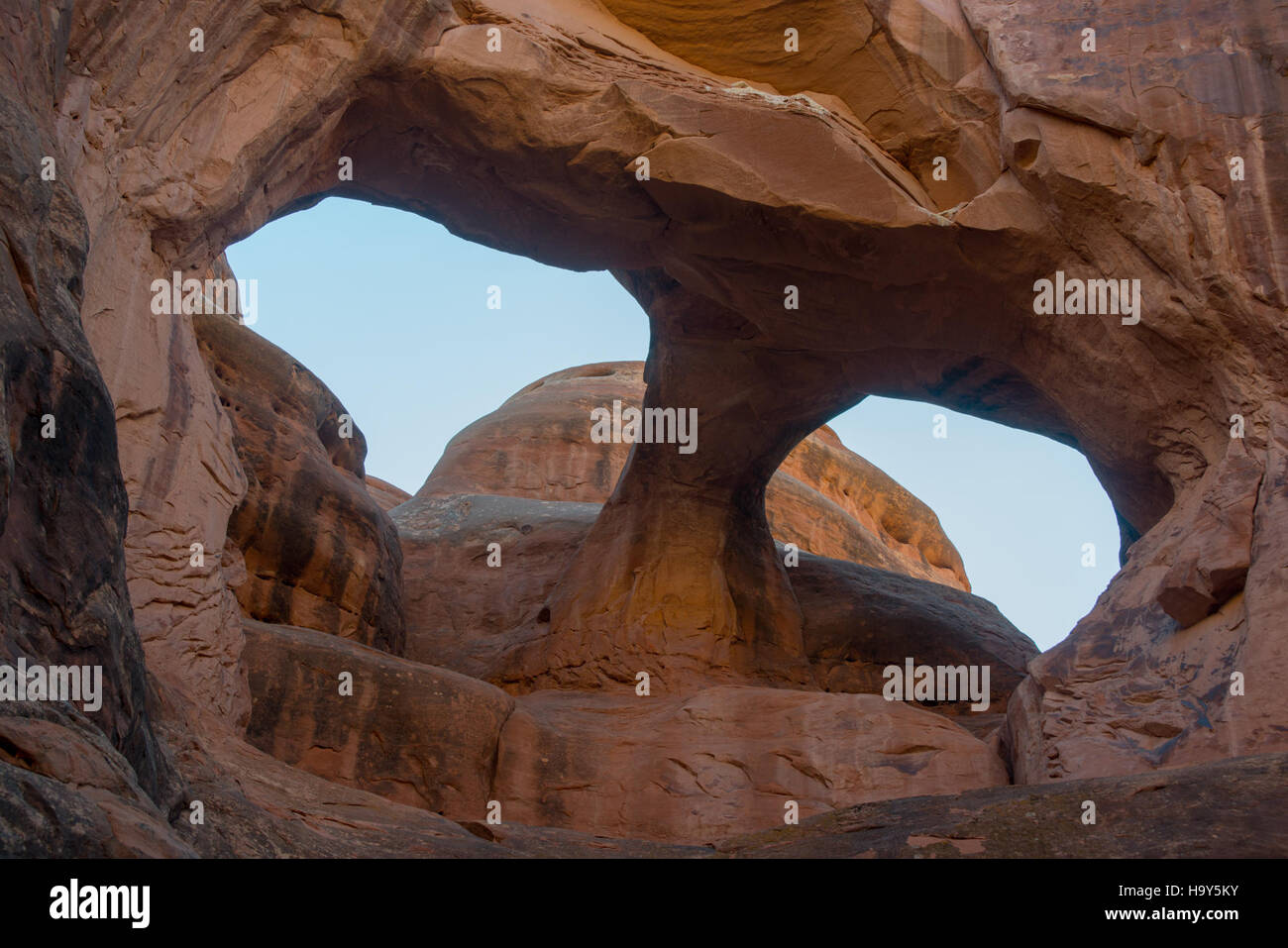 Skull Arch nel Parco Nazionale degli Arches è una formazione rocciosa distintiva nota per la sua forma unica che assomiglia a un cranio. Situata nello Utah, questa caratteristica geologica attrae visitatori interessati alla storia naturale, alla geologia e allo splendido paesaggio desertico che caratterizza il parco. Foto Stock