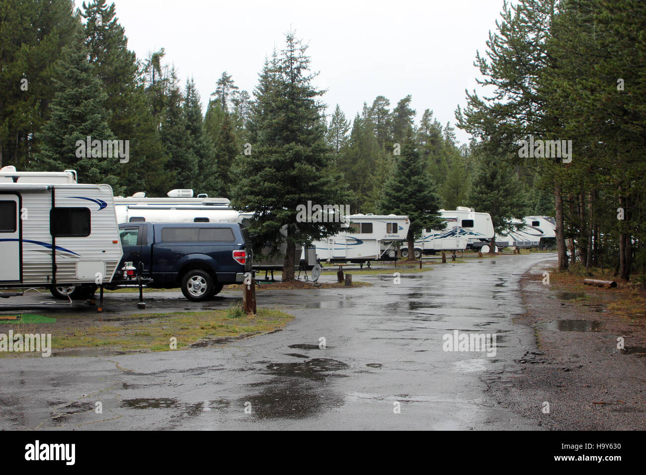 Una vista delle camper parcheggiate presso il Fishing Bridge RV Park nel parco nazionale di Yellowstone, che mostra l'intersezione tra attività umane e natura in una popolare destinazione del parco. Foto Stock
