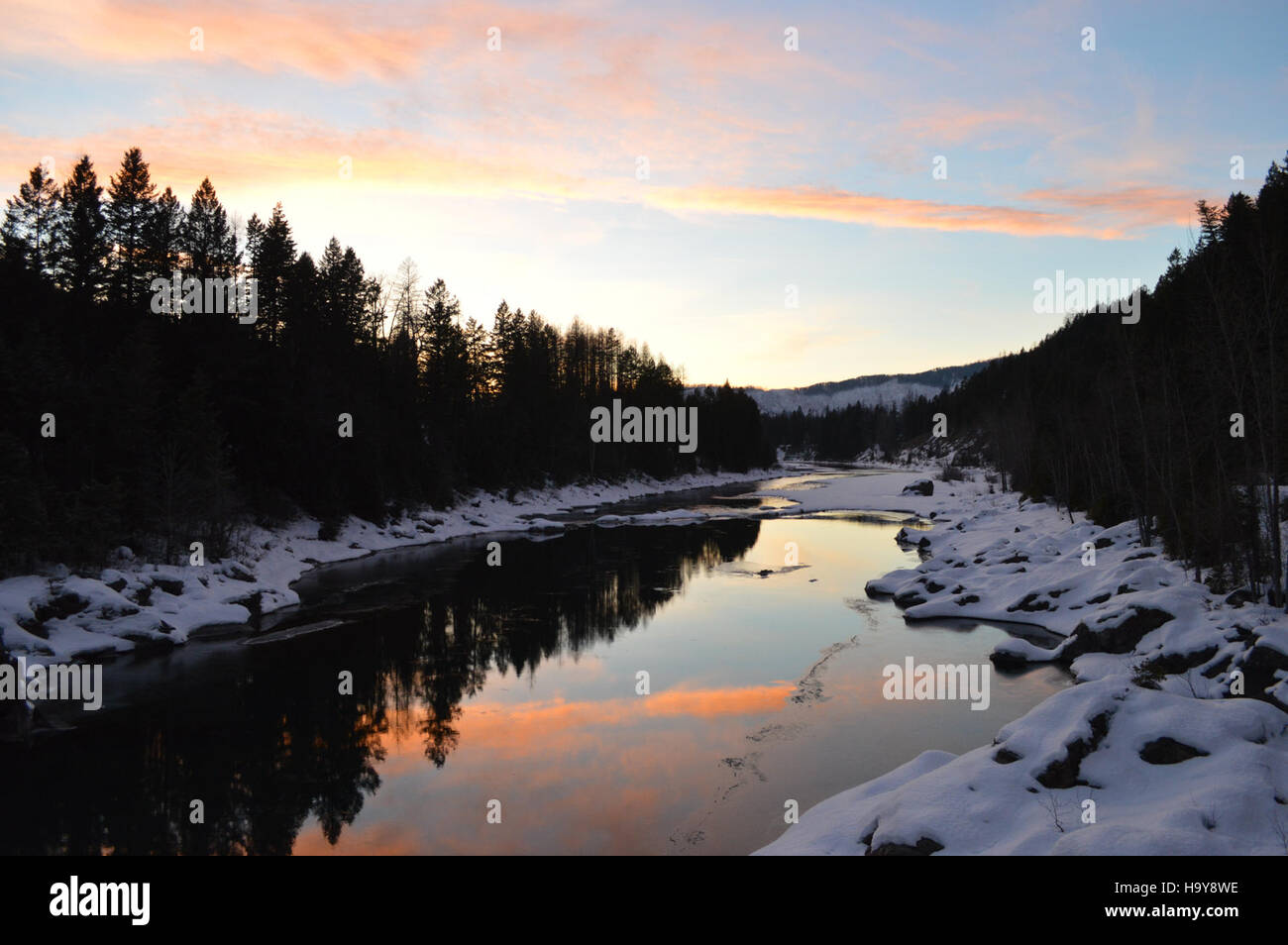 La Middle Fork of the Flathead River, situata all'interno del Glacier National Park, è un canale incontaminato noto per le sue acque pulite e la bellezza naturale. Questo fiume offre un habitat fondamentale per le specie ittiche autoctone ed è un luogo popolare per attività all'aperto come la pesca e le escursioni. Foto Stock