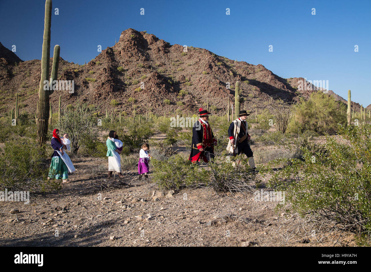 Una fotografia dell'Anza Trail attraverso il deserto di Sonora in Arizona, parte del National Landscape Conservation System. Questa immagine cattura il paesaggio del deserto, mostrando l'ambiente duro ma bello del deserto di Sonora. Foto Stock