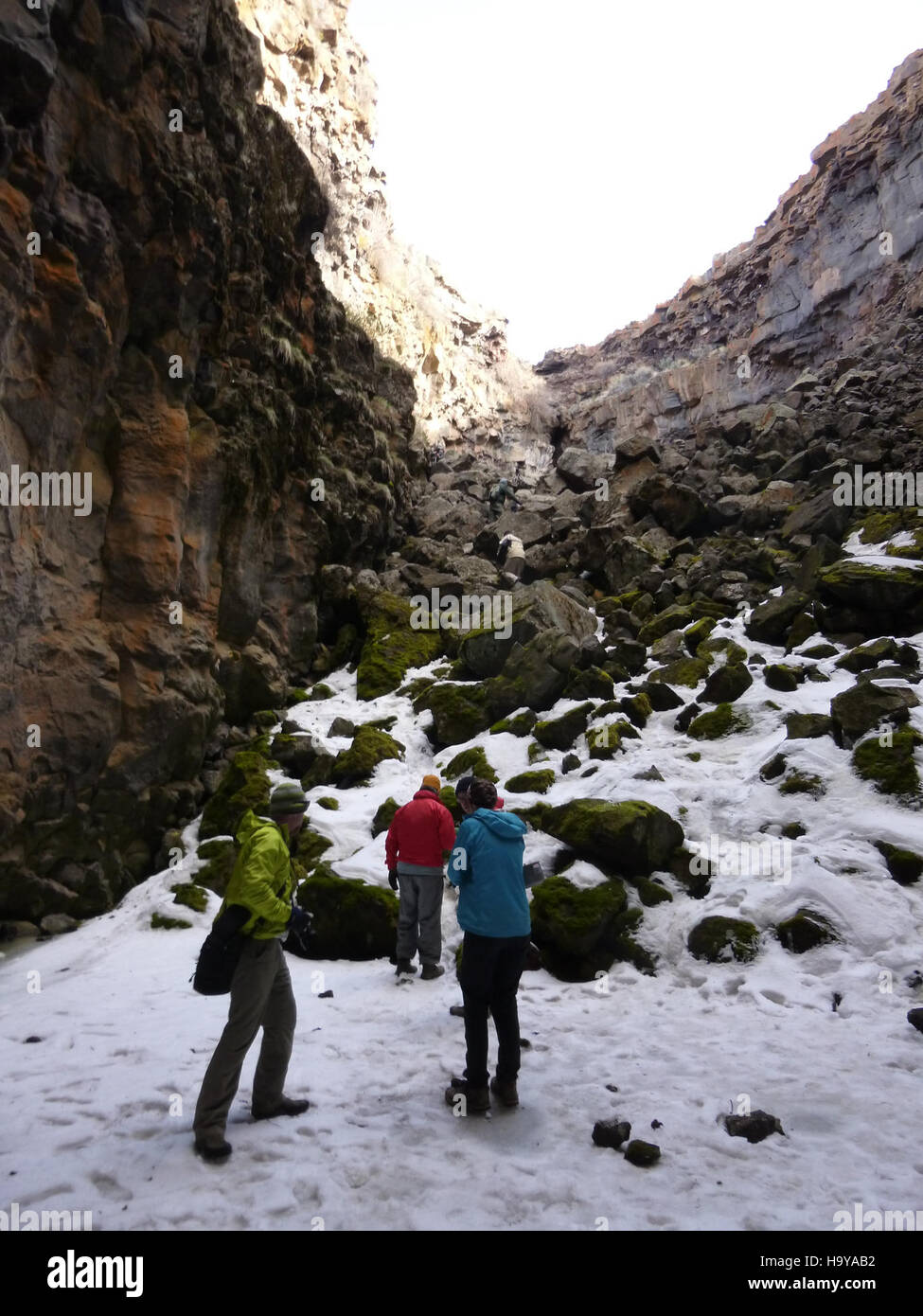 Questa fotografia cattura una scena al Kings Bowl, dove la neve viene raccolta per fornire acqua. L'immagine riflette la vita quotidiana in ambienti naturali difficili, concentrandosi sulle pratiche di sopravvivenza nei climi freddi. Foto Stock