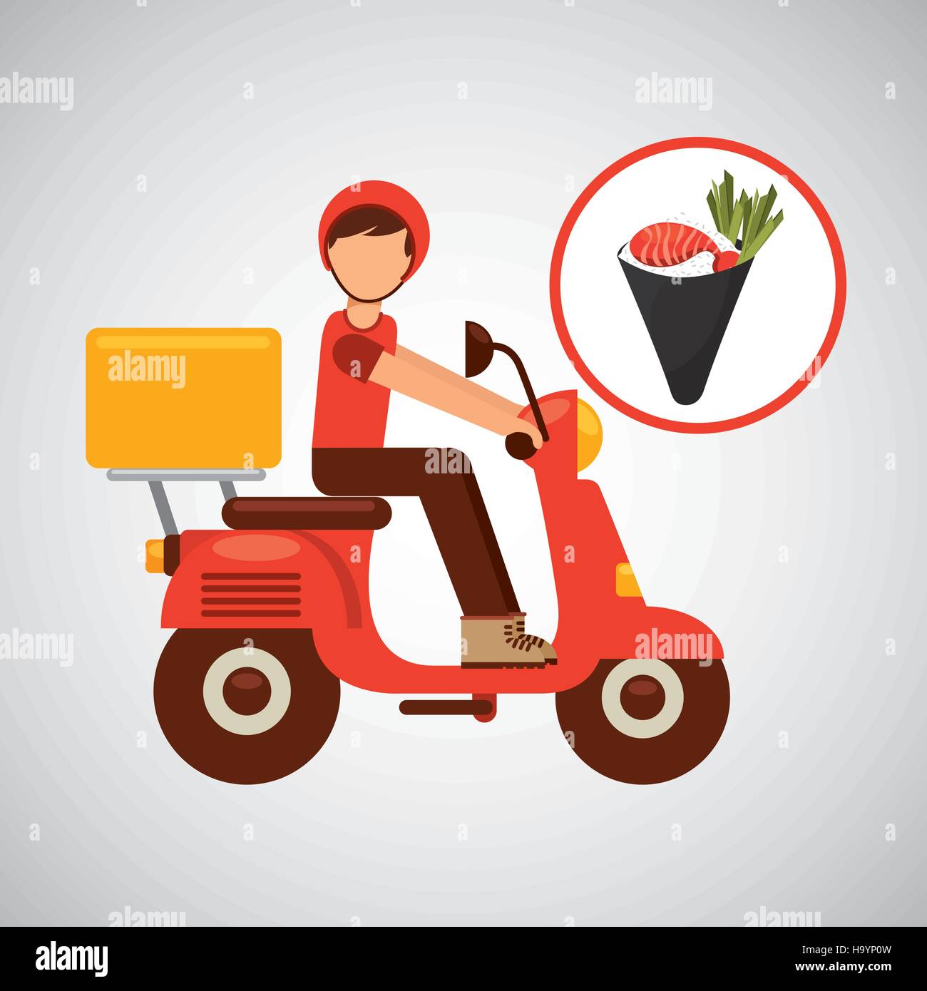 Ragazzo delle consegne ride motociclo temaki cibo giapponese illustrazione vettoriale EPS 10 Illustrazione Vettoriale