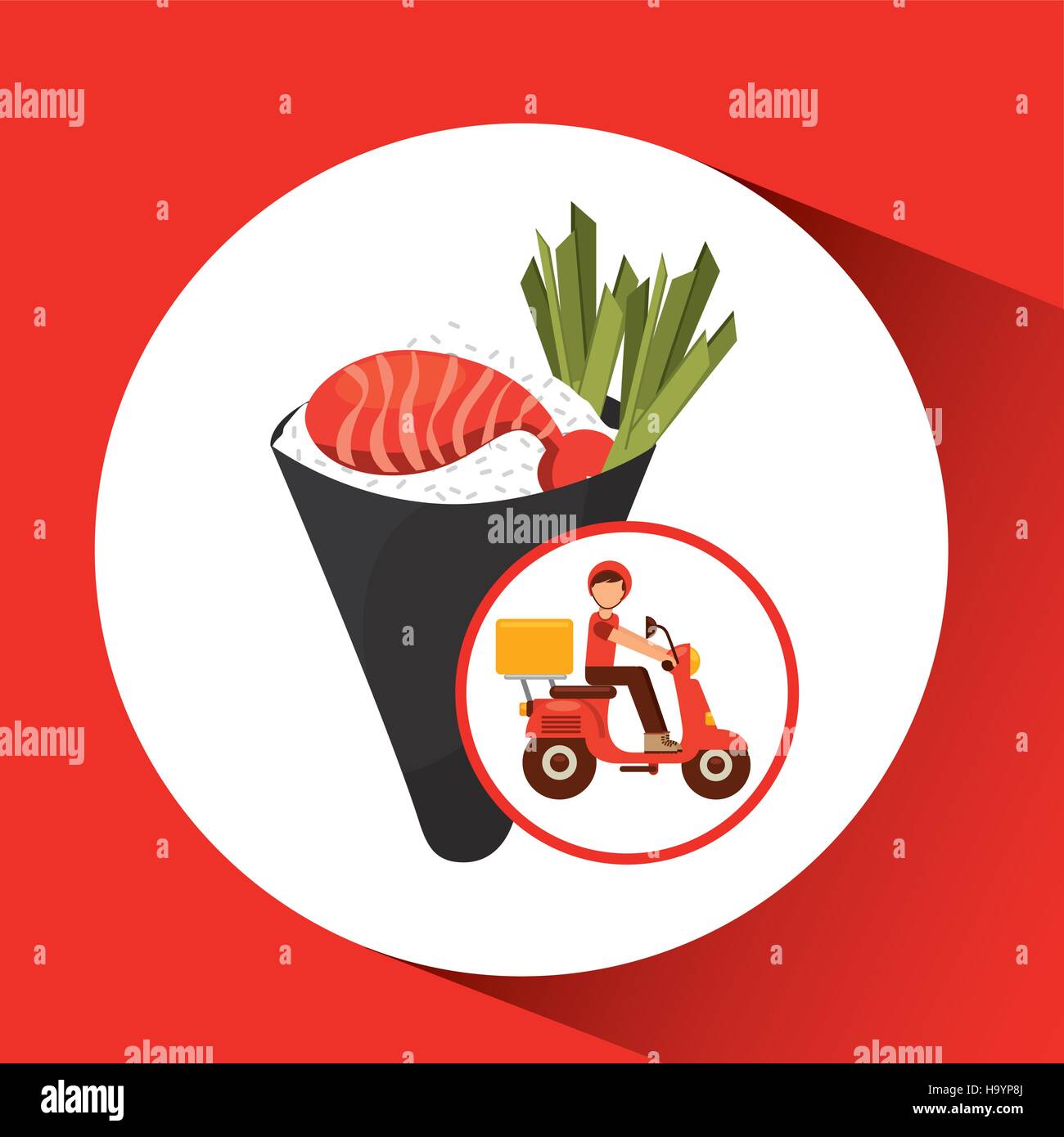 Ragazzo delle consegne ride motociclo temaki cibo giapponese illustrazione vettoriale EPS 10 Illustrazione Vettoriale