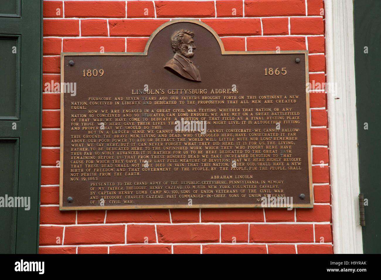 L'indirizzo di Gettysburg placca su Wills House, Gettysburg National Military Park, Pennsylvania Foto Stock