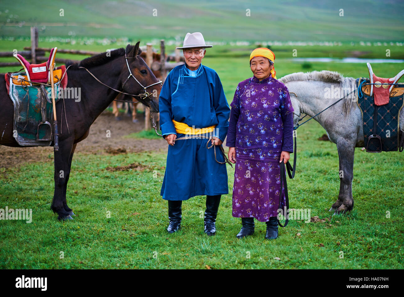 Mongolia, provincia Arkhangai, yurt campo nomadi nella steppa, nomadi Mongoli con i loro cavalli Foto Stock