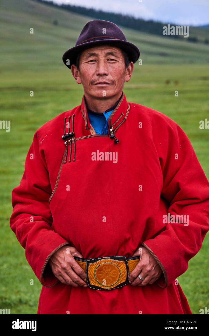 Mongolia, provincia Arkhangai, mongola uomo nomade Foto Stock