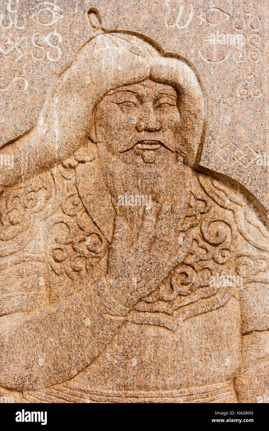 Mongolia, Khentii provincia, Delgerkhaan, Khodoo aral, il luogo della prima capitale dell'Impero Mongolo di Gengis Khan, statua di Gengis Khan Foto Stock