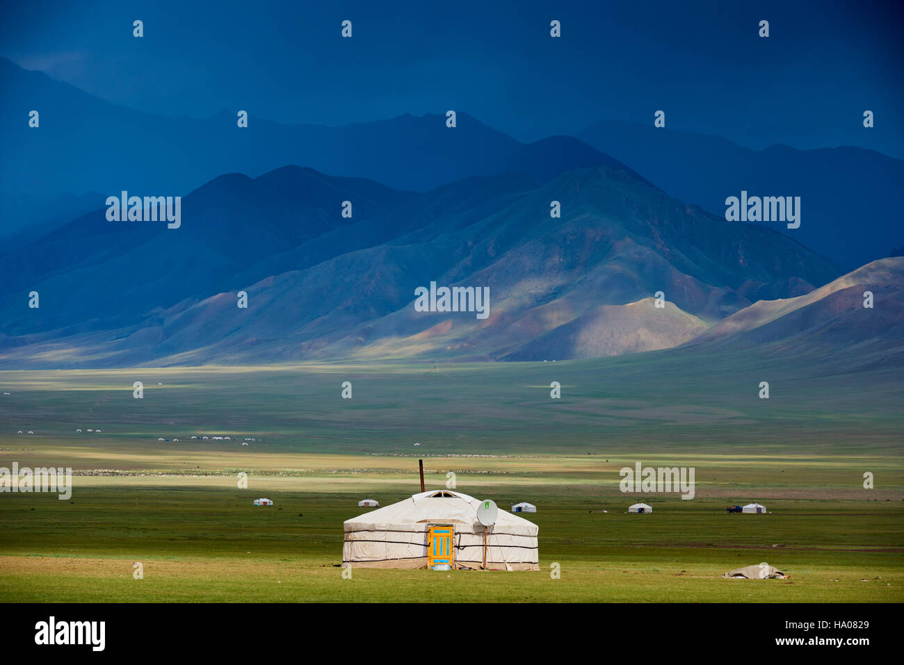 Mongolia, Uvs provincia, Mongolia occidentale, campo nomadi nella steppa Foto Stock