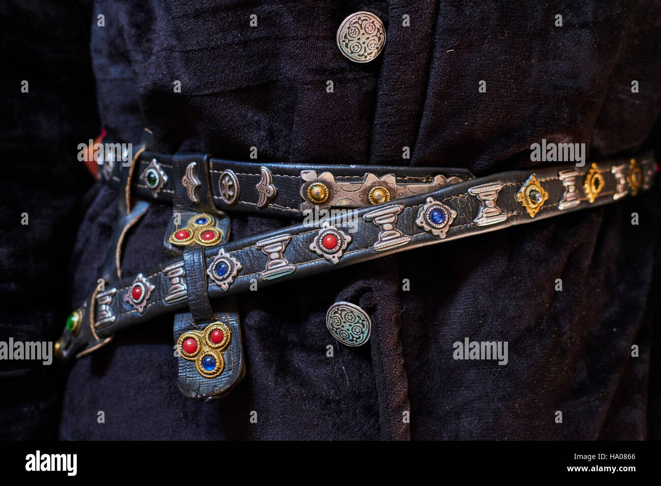 Mongolia, Bayan-Ulgii provincia, Mongolia occidentale, il dettaglio di un costum kazako, cinghia Foto Stock