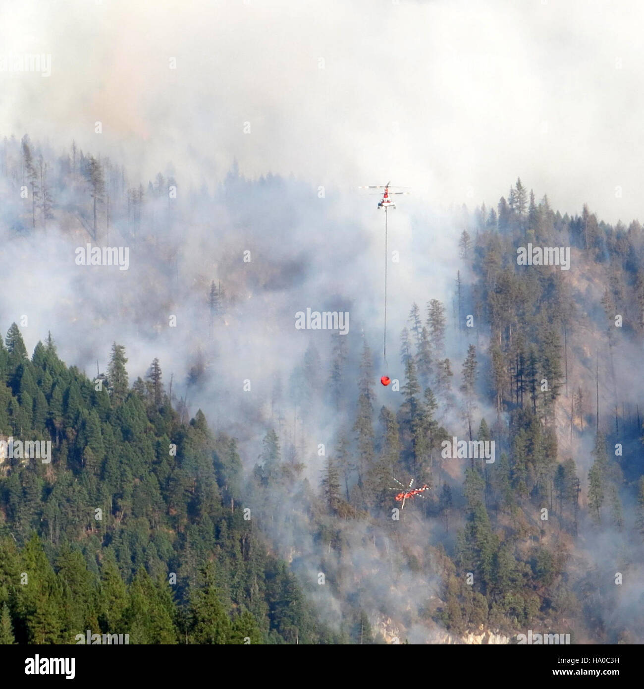 Il Fire Happy Camp Complex in California è stato affrontato da un elicottero antincendio, parte degli sforzi coordinati di gestione degli incendi per proteggere le risorse naturali e umane nella regione. Foto Stock
