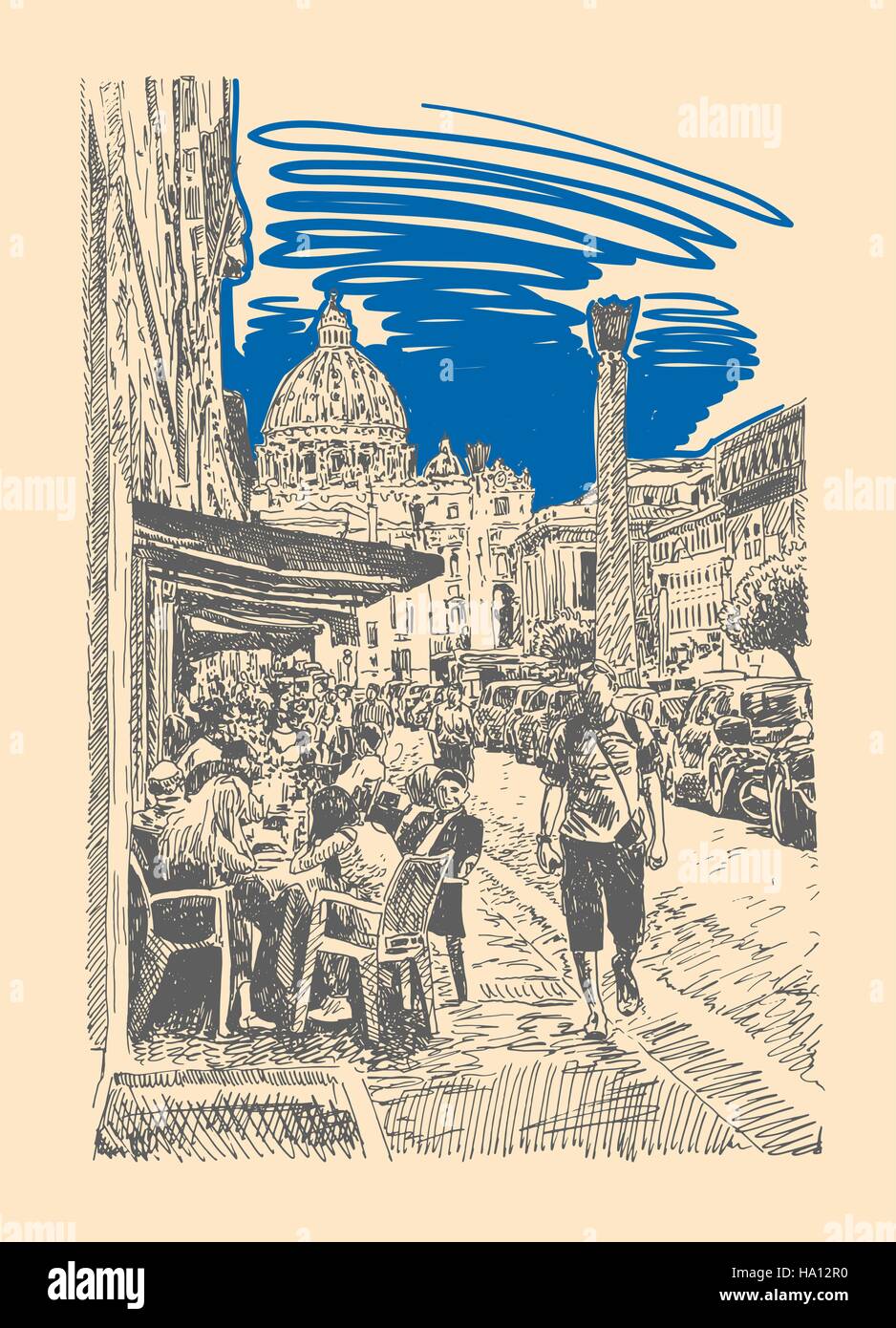 Schizzo originale del disegno a mano di Roma Italia famose cityscape Illustrazione Vettoriale