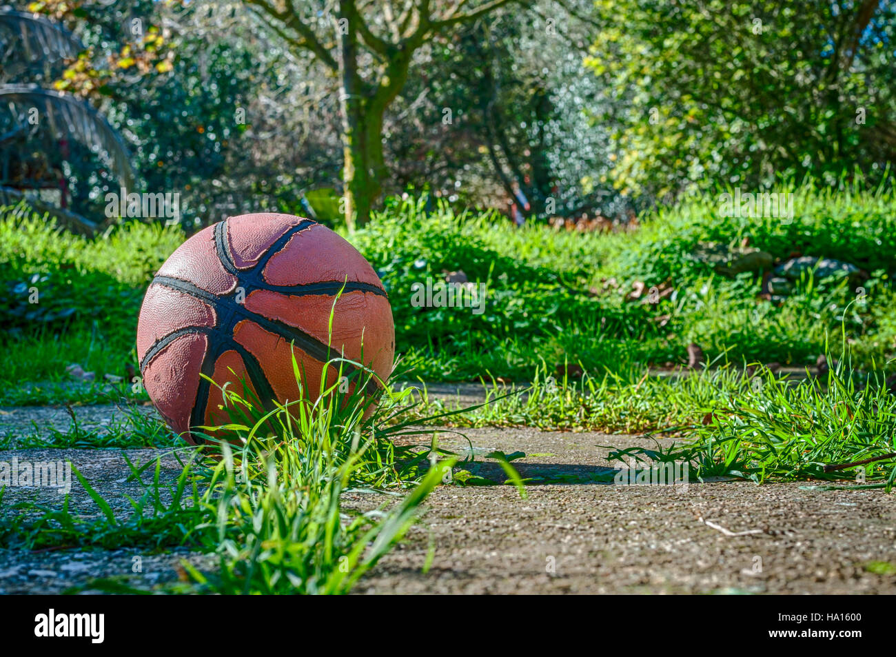 Utilizzate la pallacanestro nel paese parco giochi in una mattina di sole Foto Stock