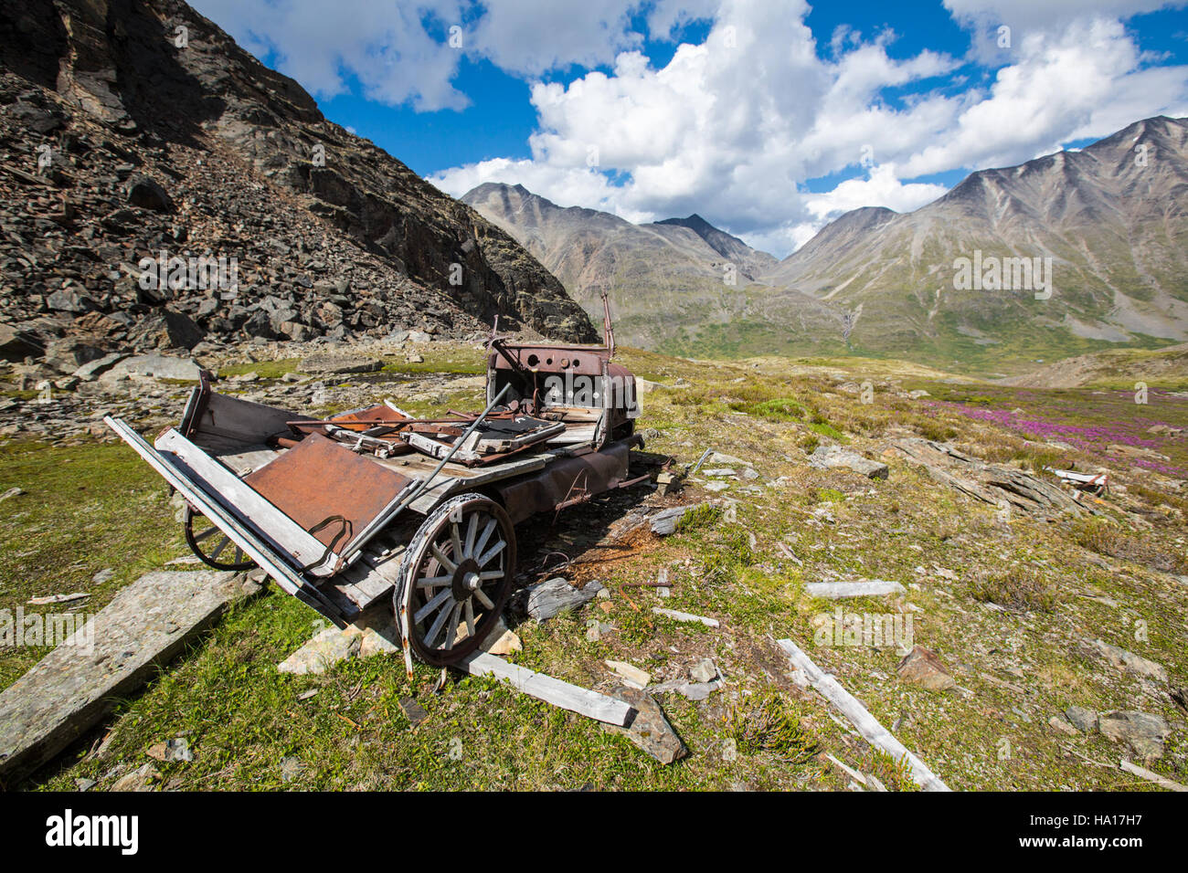 Un vecchio veicolo Chevrolet trovato nel distretto di Bremner in Alaska, che riflette la storia dell'area e il rapporto tra lo sviluppo umano e gli ambienti naturali nei parchi protetti. Foto Stock