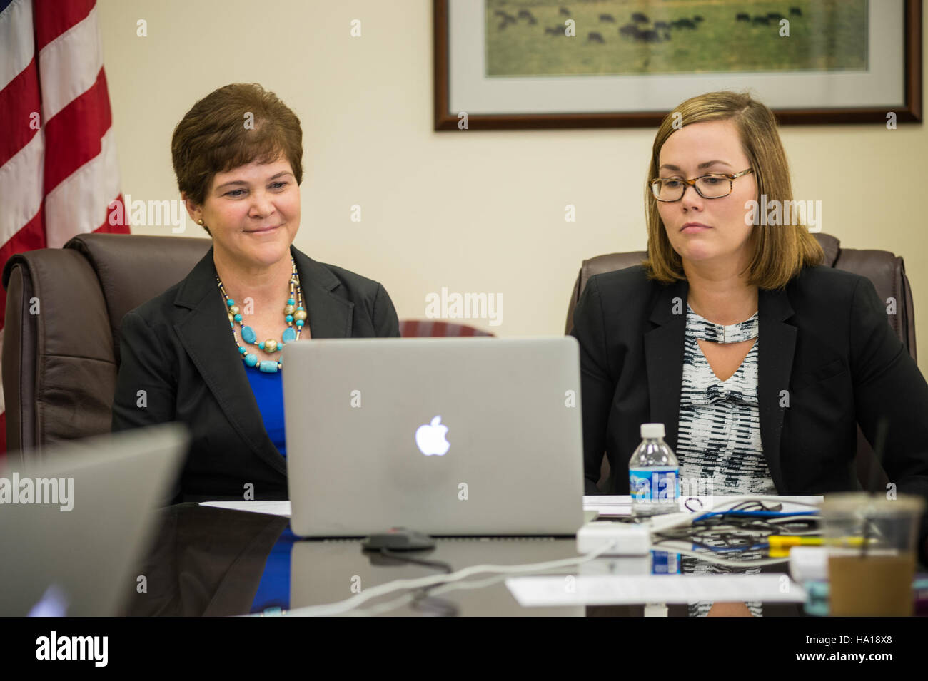 Questa immagine raffigura una riunione di Google Hang-Out presso l'Ufficio del Segretario a Washington, DC, che mette in evidenza le discussioni dell'agenzia federale sulla scienza e la politica ambientale. Foto Stock