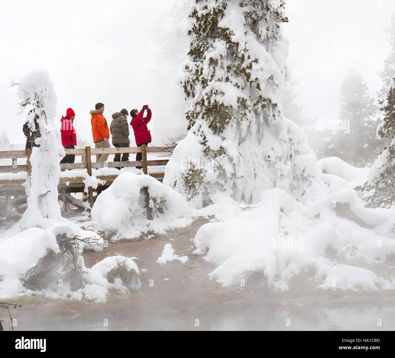 Durante l'inverno, i visitatori esplorano la piscina in pelle, una caratteristica geotermica del parco nazionale di Yellowstone. Le caratteristiche termali del parco sono un'attrazione importante, che mostra meraviglie naturali e attività geotermica in una delle aree geotermiche più attive del mondo. Foto Stock