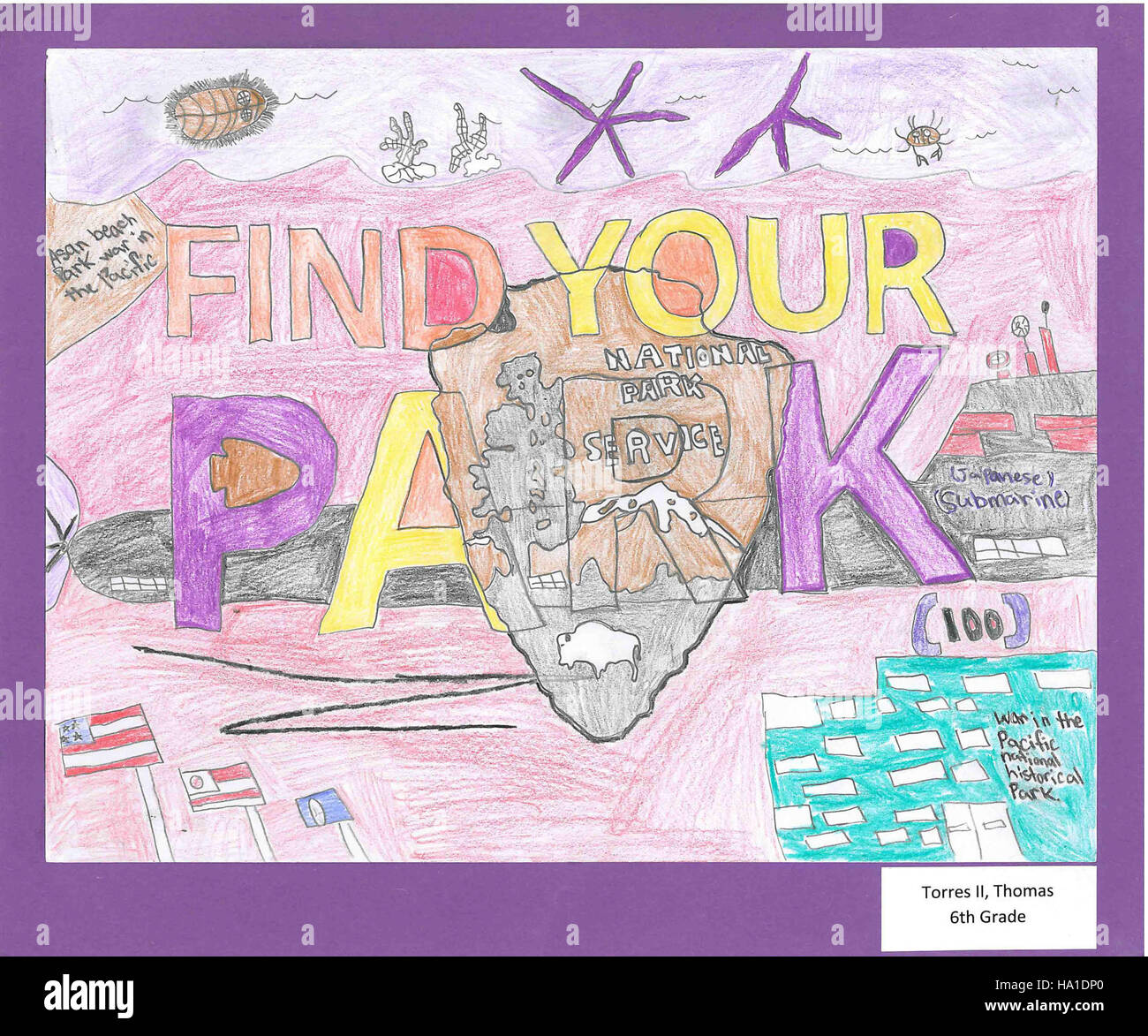 Thomas Torres II ha ricevuto il primo posto per il suo progetto di sesta grado sulla Guerra del Pacifico, un significativo conflitto storico che ha influenzato la storia degli Stati Uniti e globale. Il suo premiato progetto offre approfondimenti sull'impatto della guerra sulle relazioni globali e sul ruolo degli Stati Uniti nel conflitto. Foto Stock